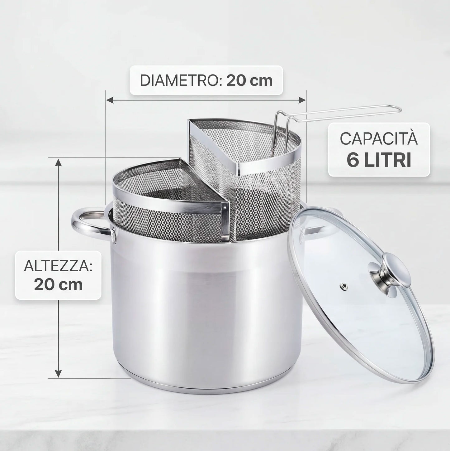 Pentola Doppio Cestello con Coperchio 6L Acciaio Inox 18/10 | Spaghettiera con 2 Cestelli | Pentola Pasta Induzione Fondo Triplo