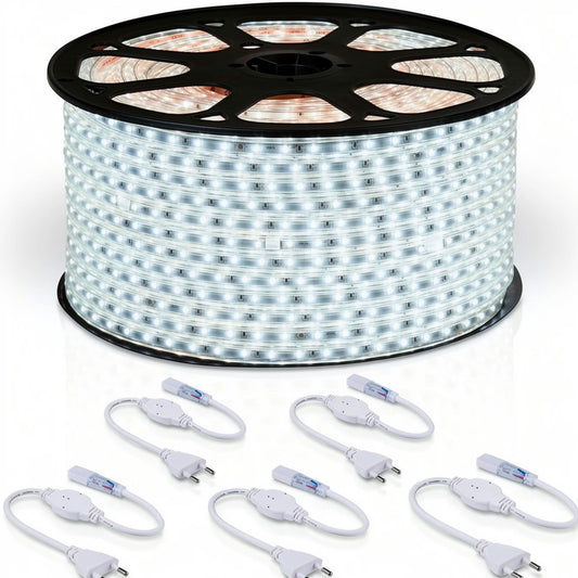 Striscia LED 220 V Bianca 100 Metri Luce per Esterni e Interni Striscia Flessibile SMD 5050 Bobina + 5 Spine