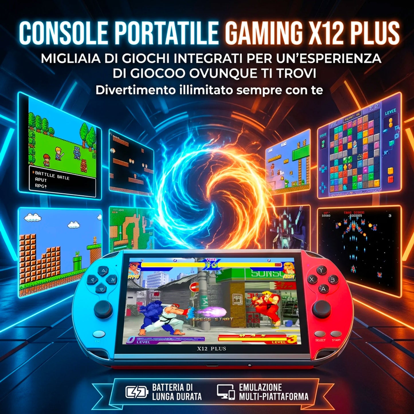 Console Portatile X12 Plus Gaming Retro con Schermo HD, Giochi Integrati, TV Out, Joystick 360°, Console Videogiochi Portatile per Bambini e Adulti