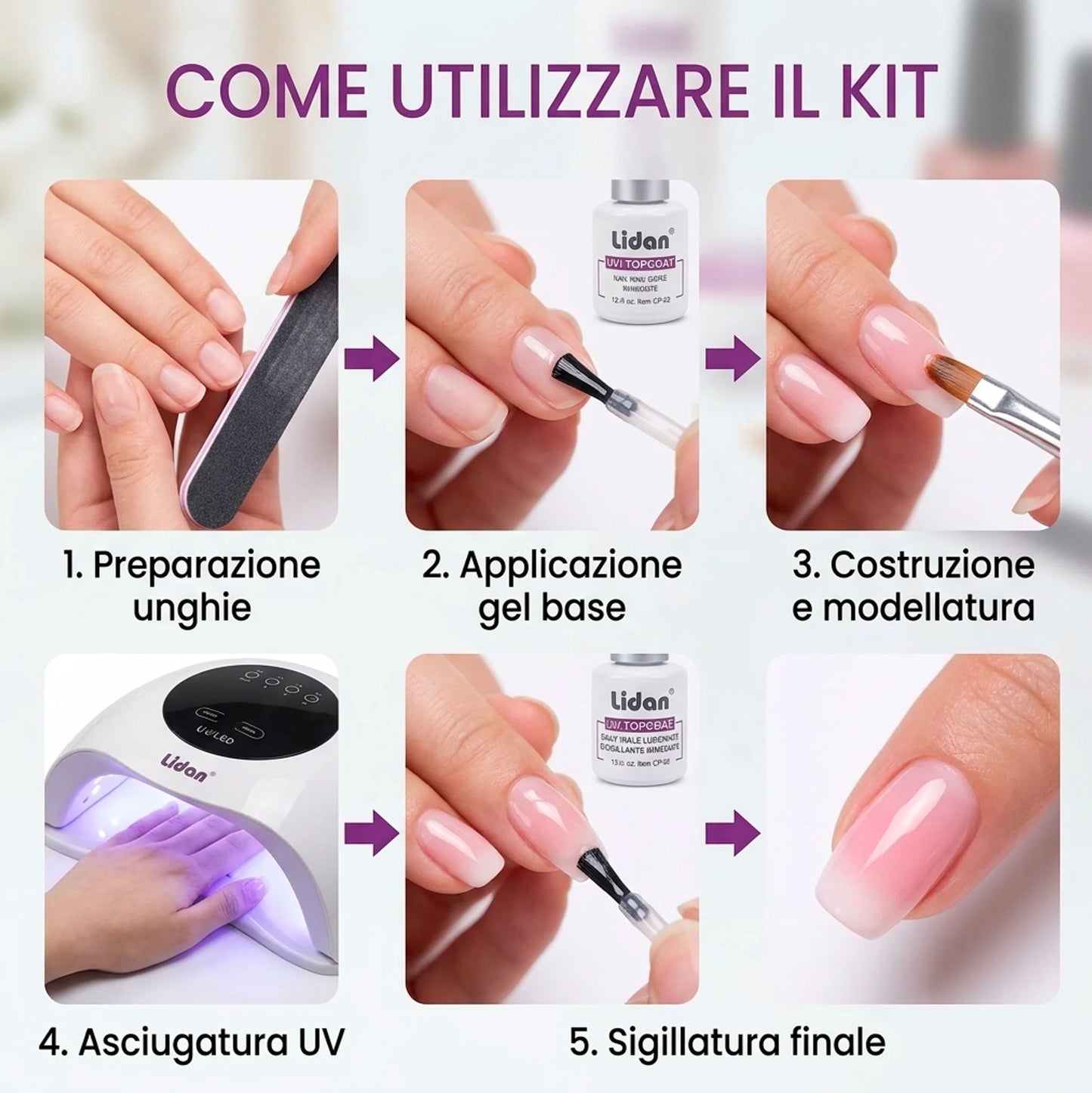 Kit Gel Unghie Completo Ricostruzione Unghie UV Set Professionale con Gel Trasparente Rosa Bianco Sigillante Accessori Nail Art Fai da Te