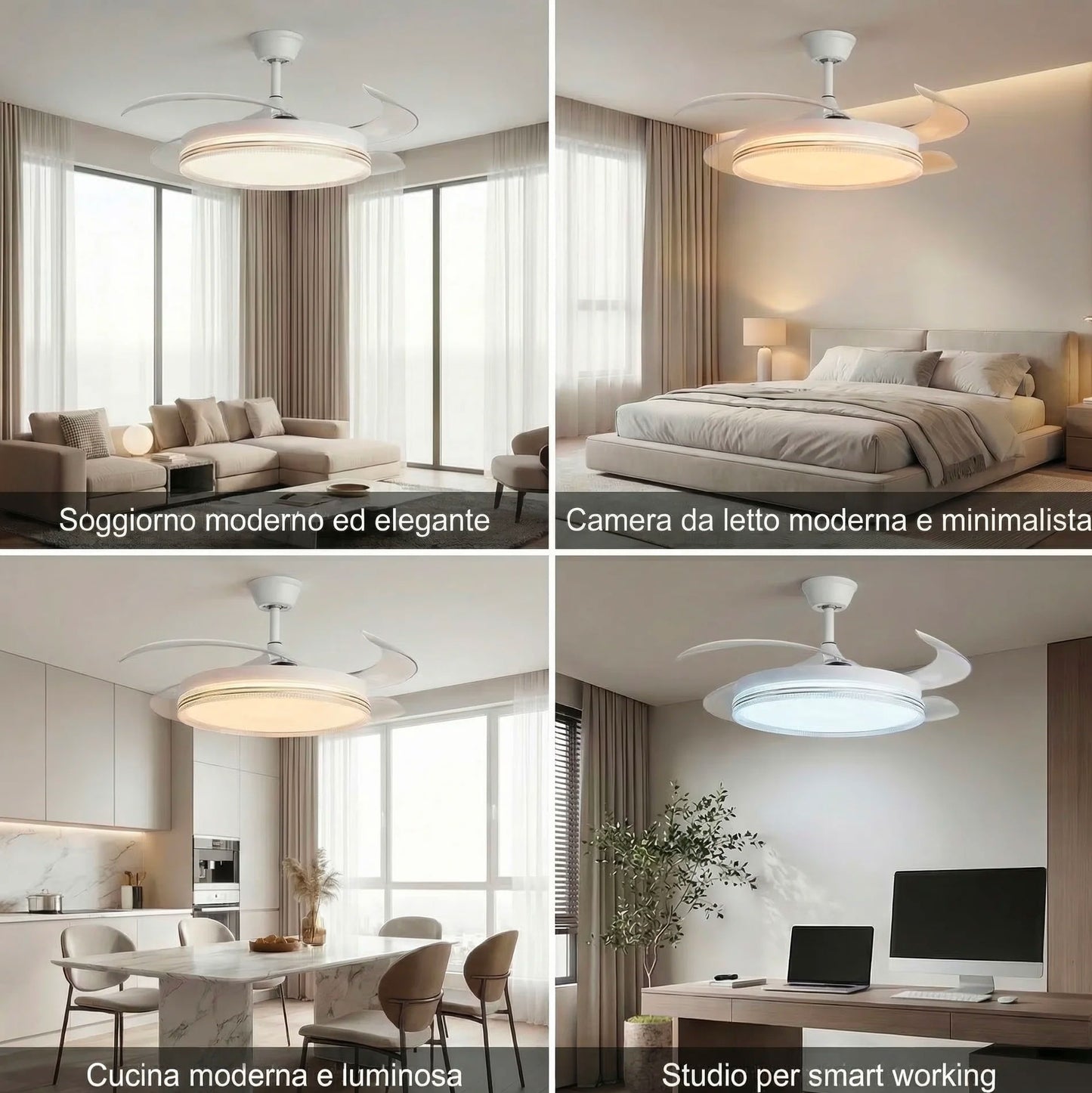 Ventilatore da Soffitto con Luce LED e Telecomando 48 Pollici 120 cm con Pale Retrattili Trasparenti Motore DC Silenzioso Reversibile 6 Velocità 3 Tonalità di Luce Timer Estate Inverno Set 2 Pezzi