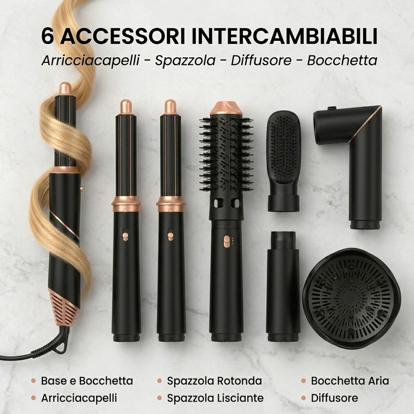 Asciugacapelli 6 in 1 Professionale con Accessori Intercambiabili – Spazzola Aria Calda, Ferro Arricciacapelli, Diffusore, Tecnologia Ionica