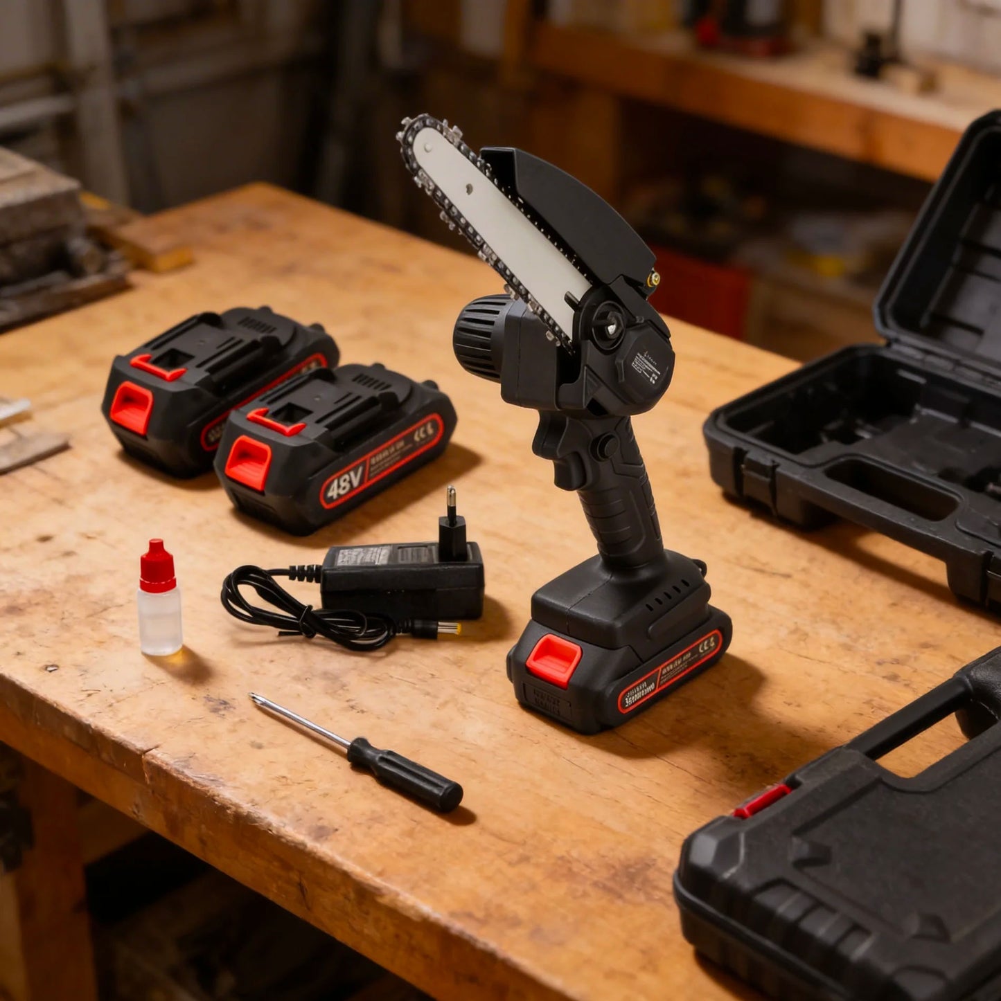 Motosega a Batteria 48V 6 Pollici con 2 Batterie e Valigetta, Sega Elettrica Portatile per Potatura e Taglio Legno