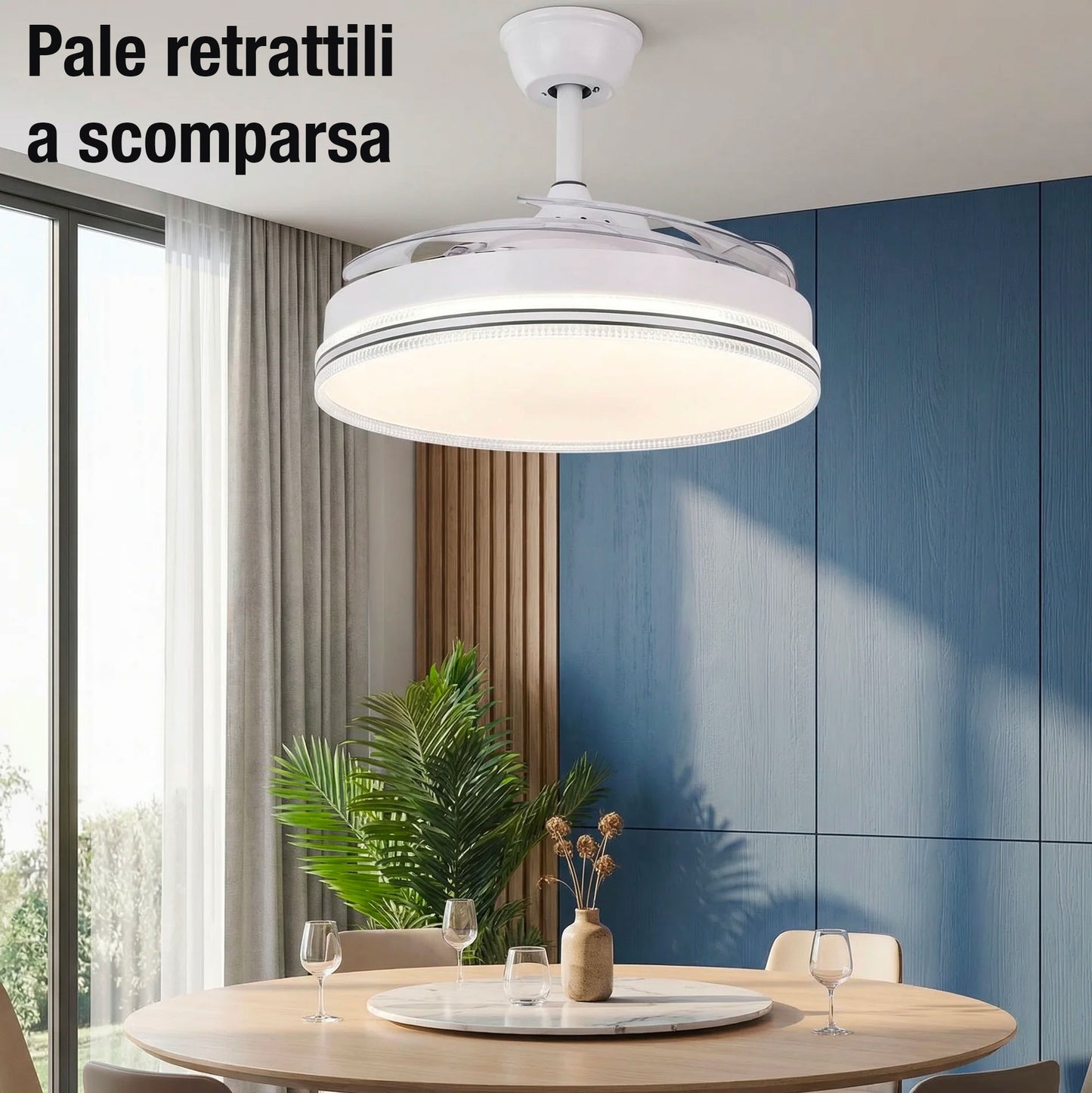 Ventilatore da Soffitto con Luce LED e Telecomando 48 Pollici 120 cm con Pale Retrattili Trasparenti Motore DC Silenzioso Reversibile 6 Velocità 3 Tonalità di Luce Timer Estate Inverno Set 2 Pezzi