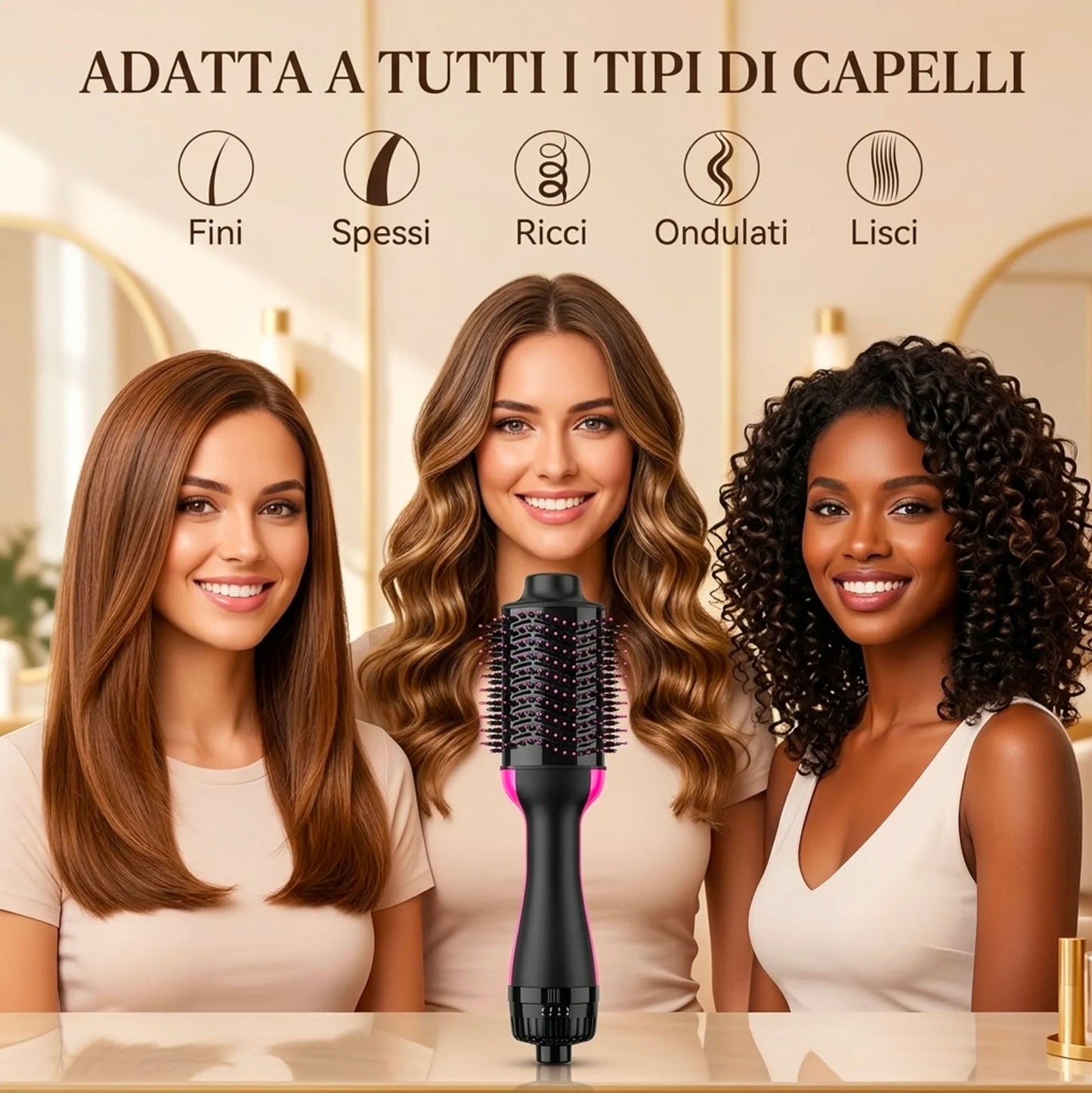 Spazzola Asciugacapelli Volumizzante 1000W Multifunzione 5 in 1 | Piastra Spazzola Elettrica Arricciacapelli Lisciante Professionale con 3 Velocità
