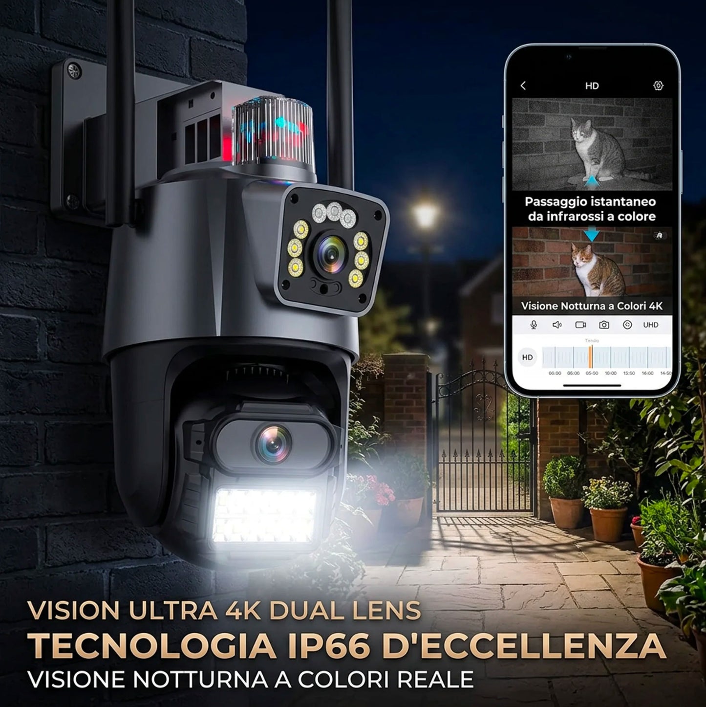 Telecamera WiFi Esterno IP66 Dual Lens 360° AI Visione Notturna Colori