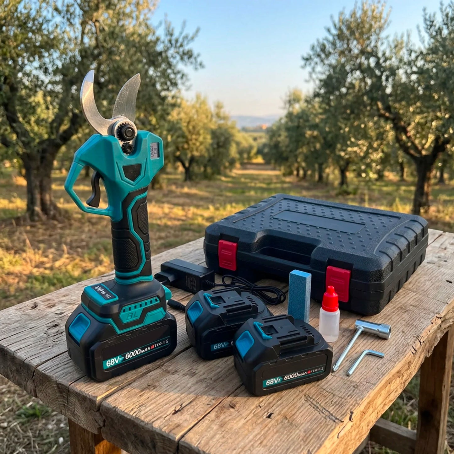 Forbici da Potatura Elettriche 68V con 2 Batterie, Display Digitale, Taglio fino a 35 mm e Valigetta Inclusa