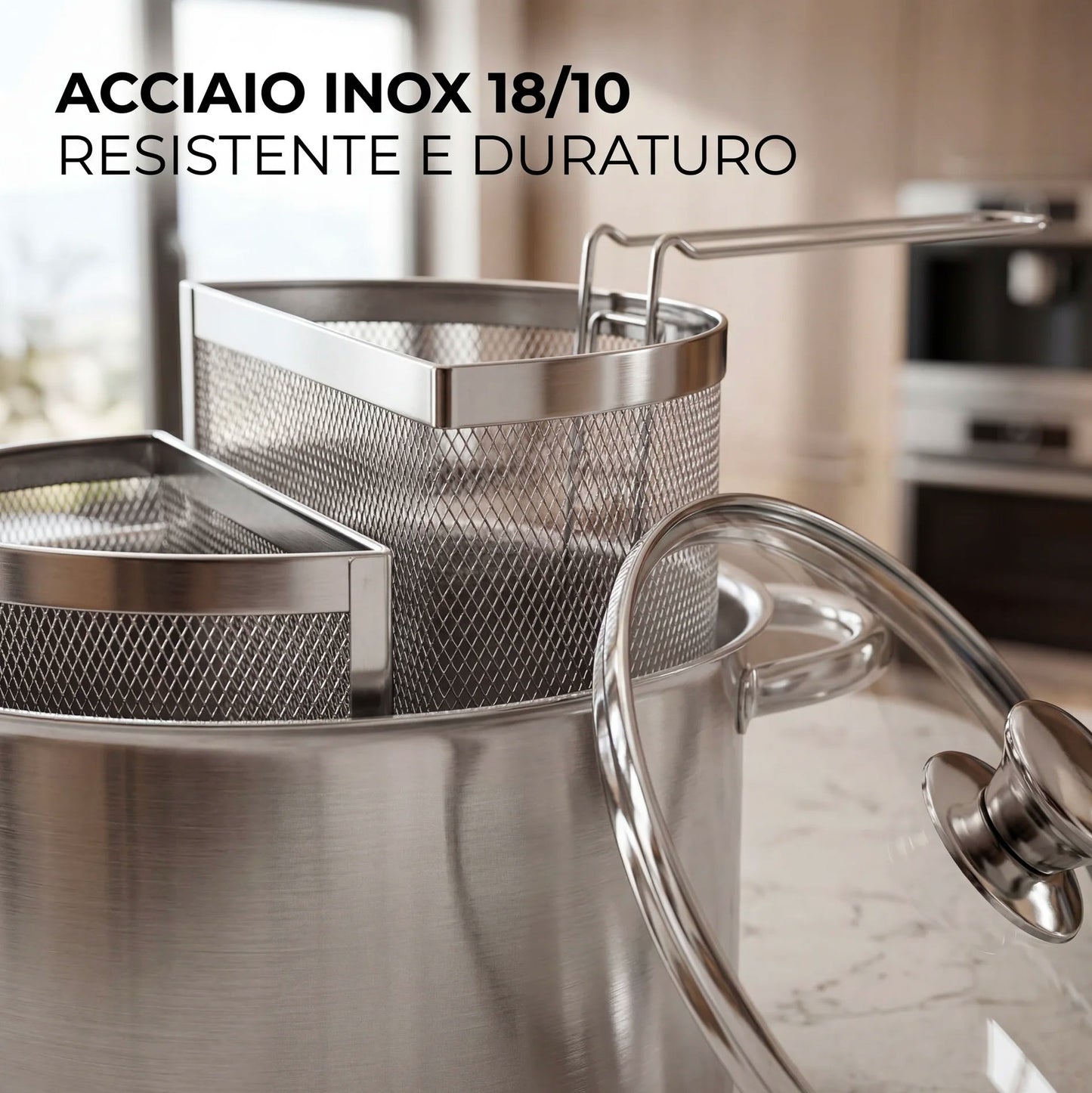 Pentola Doppio Cestello con Coperchio 6L Acciaio Inox 18/10 | Spaghettiera con 2 Cestelli | Pentola Pasta Induzione Fondo Triplo