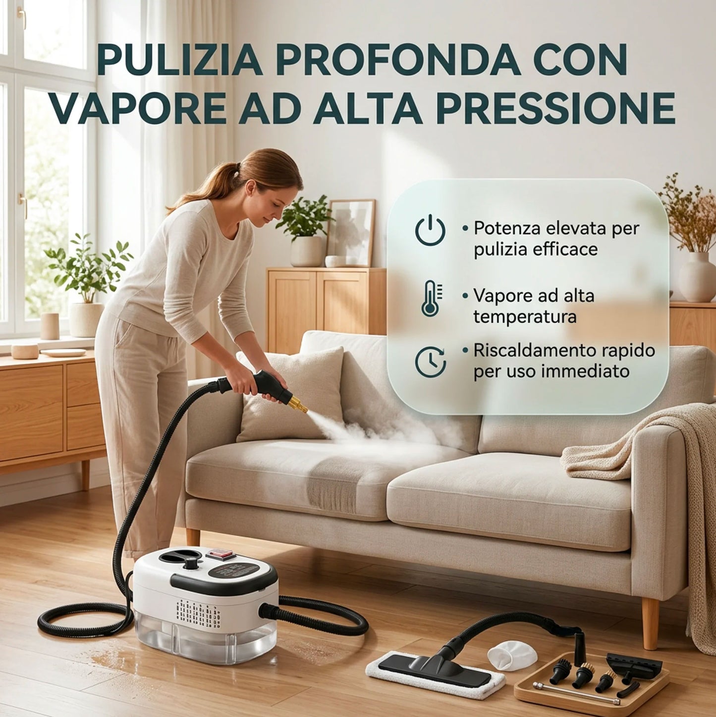 Pulitore a Vapore 2500W Alta Pressione con 6 Livelli Regolabili – Serbatoio XL 1200ml e Kit Accessori Multifunzione per Pulizia Casa, Cucina, Bagno, Divani e Auto