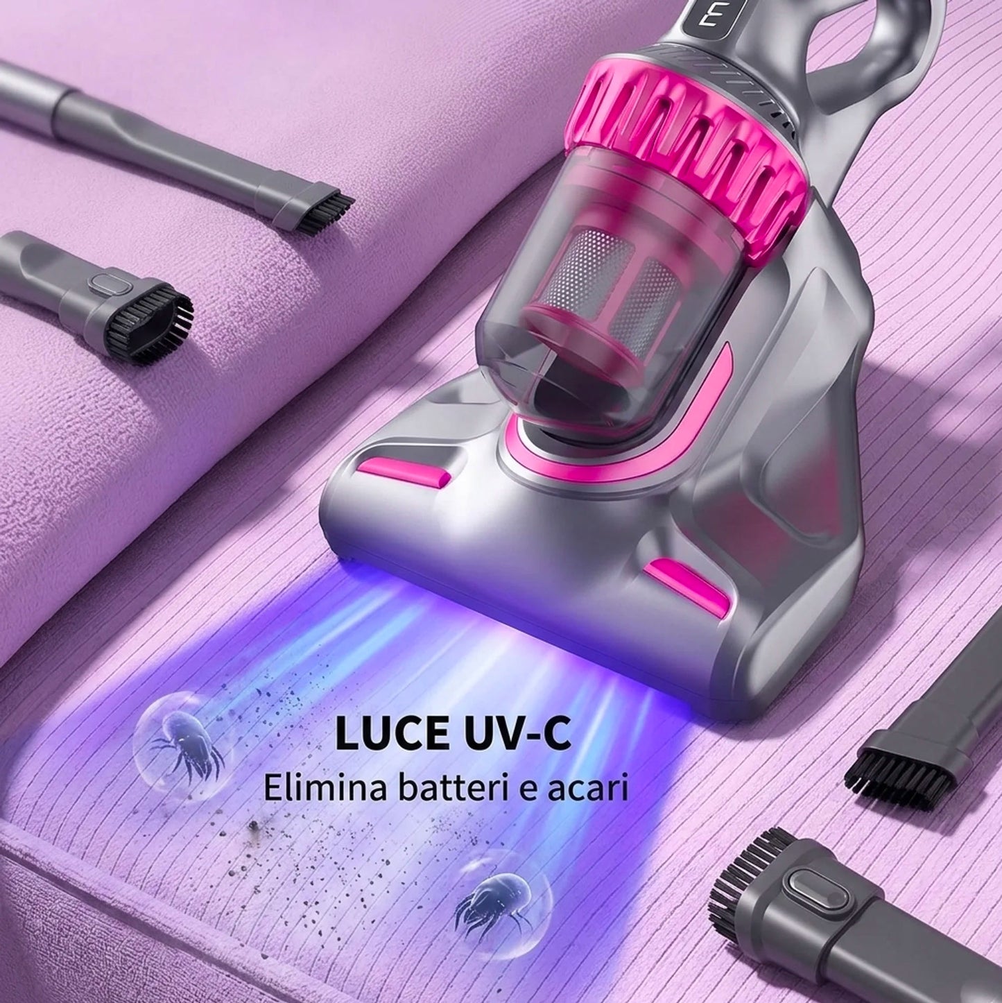 Aspirapolvere Senza Fili 4 in 1 100W con Luce UV-C – Aspirazione 10000Pa, 3 Velocità, Filtro HEPA, Autonomia 45 Minuti