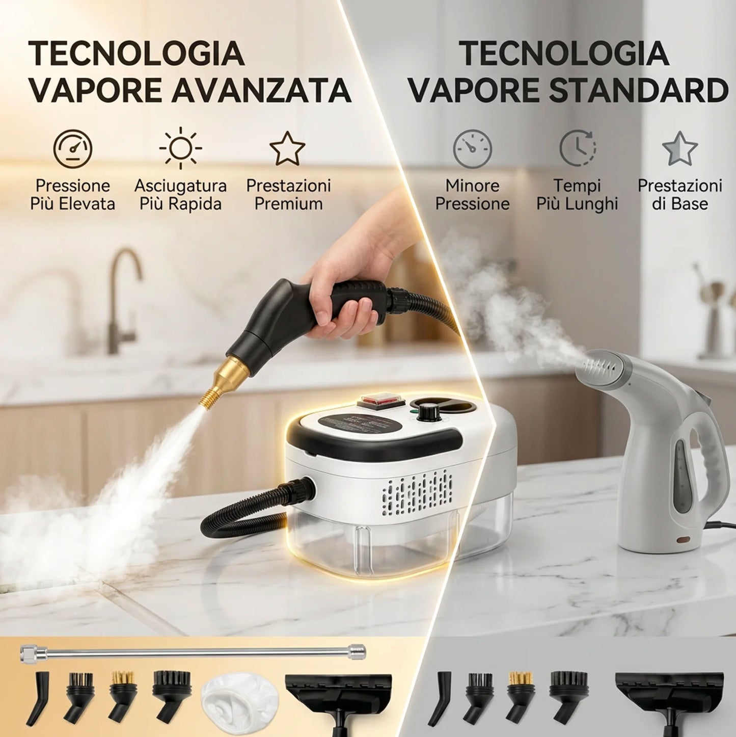 Pulitore a Vapore 2500W Alta Pressione con 6 Livelli Regolabili – Serbatoio XL 1200ml e Kit Accessori Multifunzione per Pulizia Casa, Cucina, Bagno, Divani e Auto