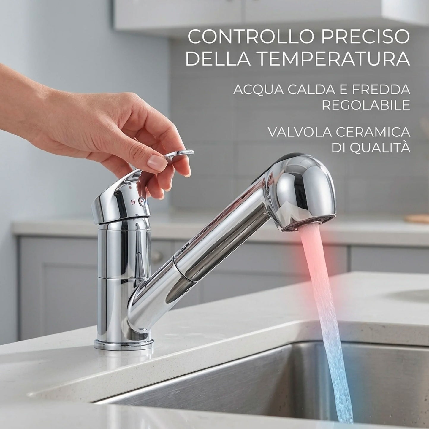 Rubinetto Cucina con Doccetta Estraibile 360° Cromato Miscelatore Monocomando Lavello con Doppio Getto e Acqua Calda Fredda