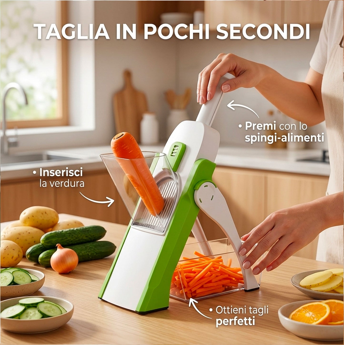 Mandolina da Cucina Multifunzione 12 in 1 con Contenitore – Affettatrice Manuale Verdure Frutta Professionale con Lame in Acciaio Regolabili per Julienne, Chips, Insalate e Patatine