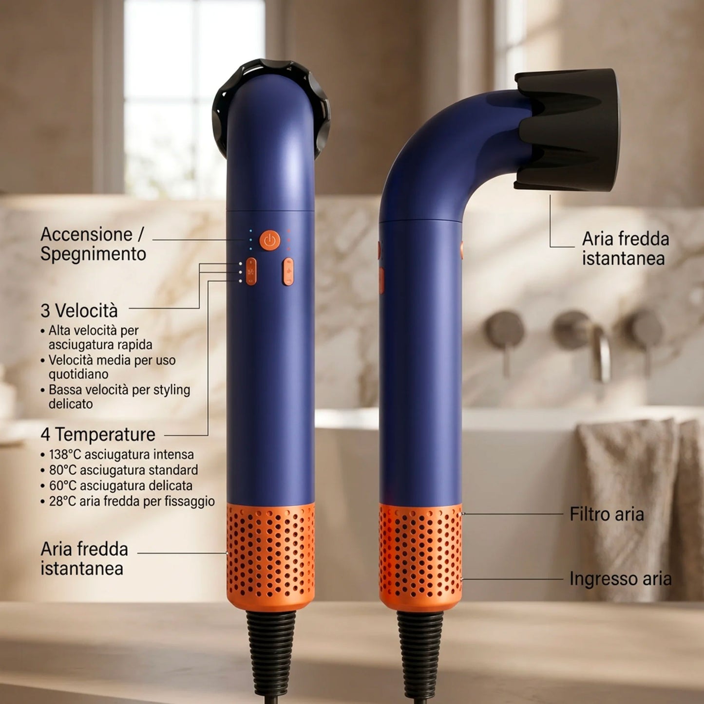Asciugacapelli Ionico Professionale Senza Pale Alta Potenza Silenzioso con Tecnologia Vortex Air 3 Velocità 4 Temperature Bocchetta Magnetica Styling Rapido Anti Crespo