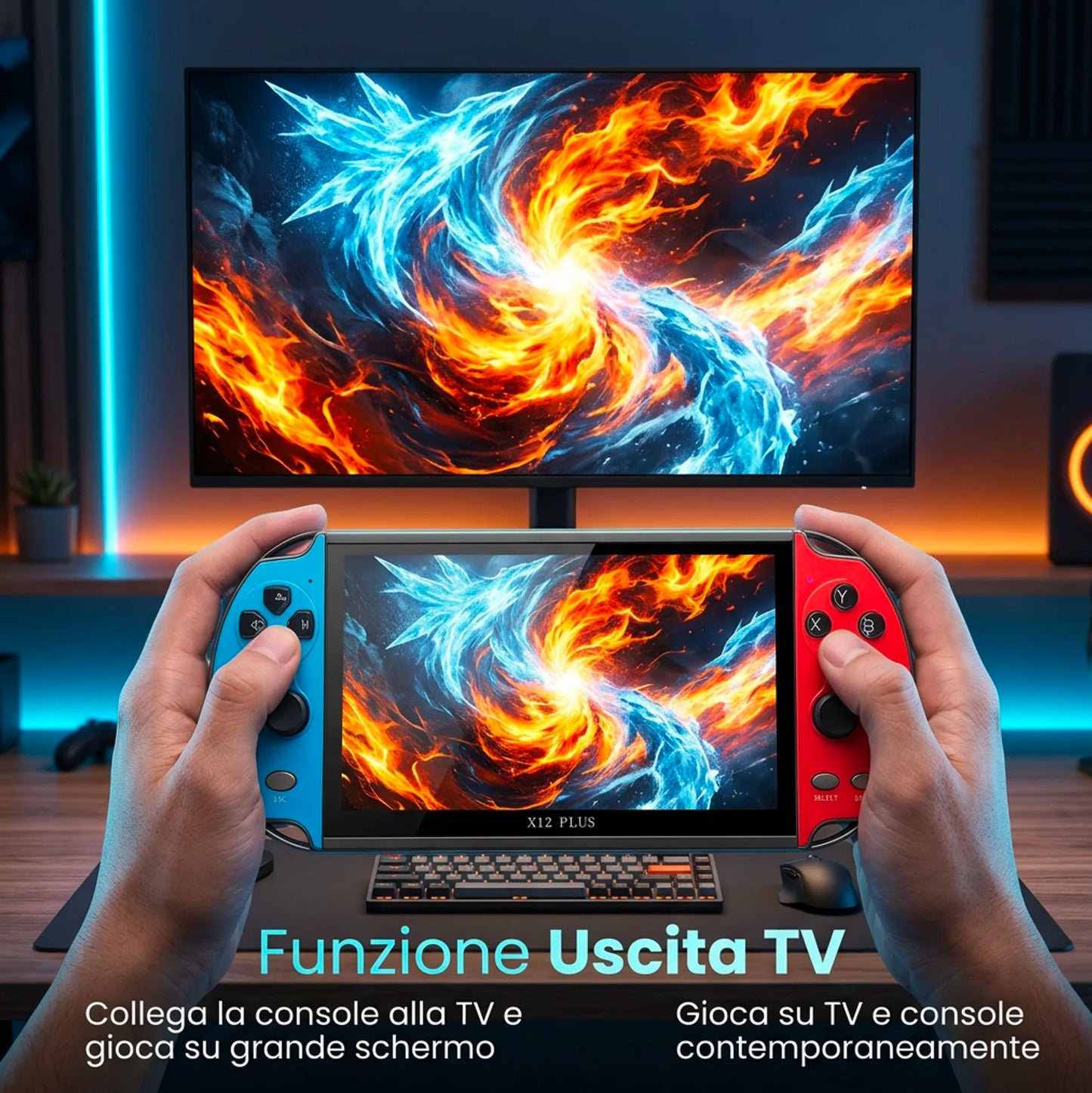 Console Portatile X12 Plus Gaming Retro con Schermo HD, Giochi Integrati, TV Out, Joystick 360°, Console Videogiochi Portatile per Bambini e Adulti
