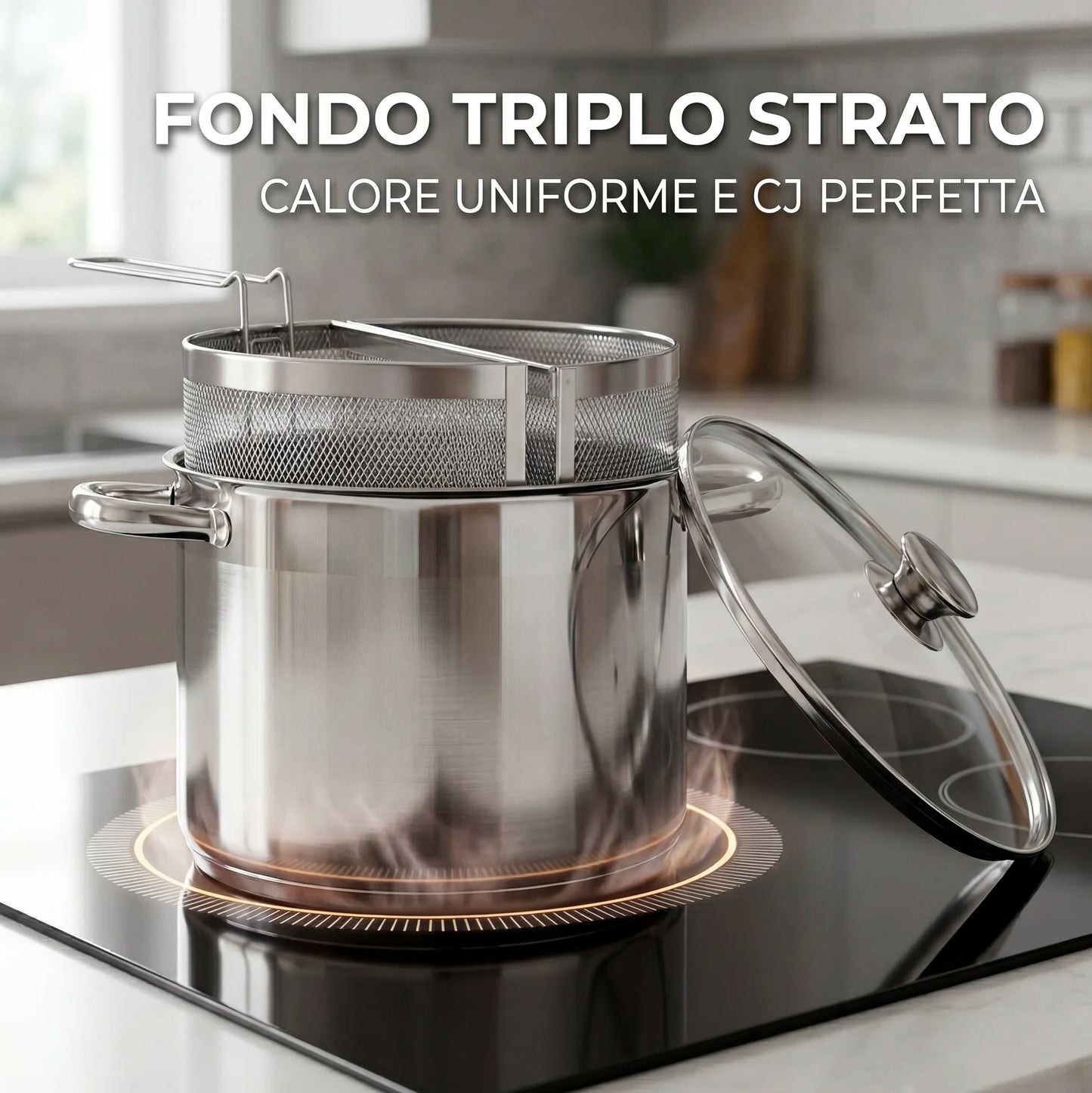 Pentola Doppio Cestello con Coperchio 6L Acciaio Inox 18/10 | Spaghettiera con 2 Cestelli | Pentola Pasta Induzione Fondo Triplo