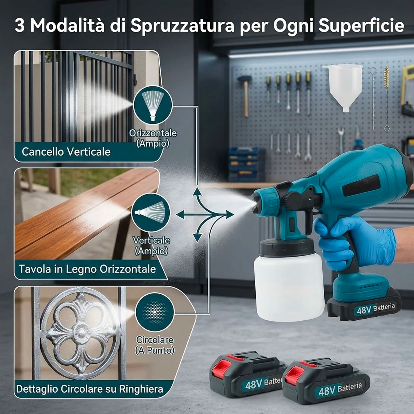 Verniciatrice Elettrica Wireless 48V 550W Professionale con Doppia Batteria – Pistola a Spruzzo per Vernice, Smalti e Protettivi con Serbatoio 800ml e Ugelli Intercambiabili