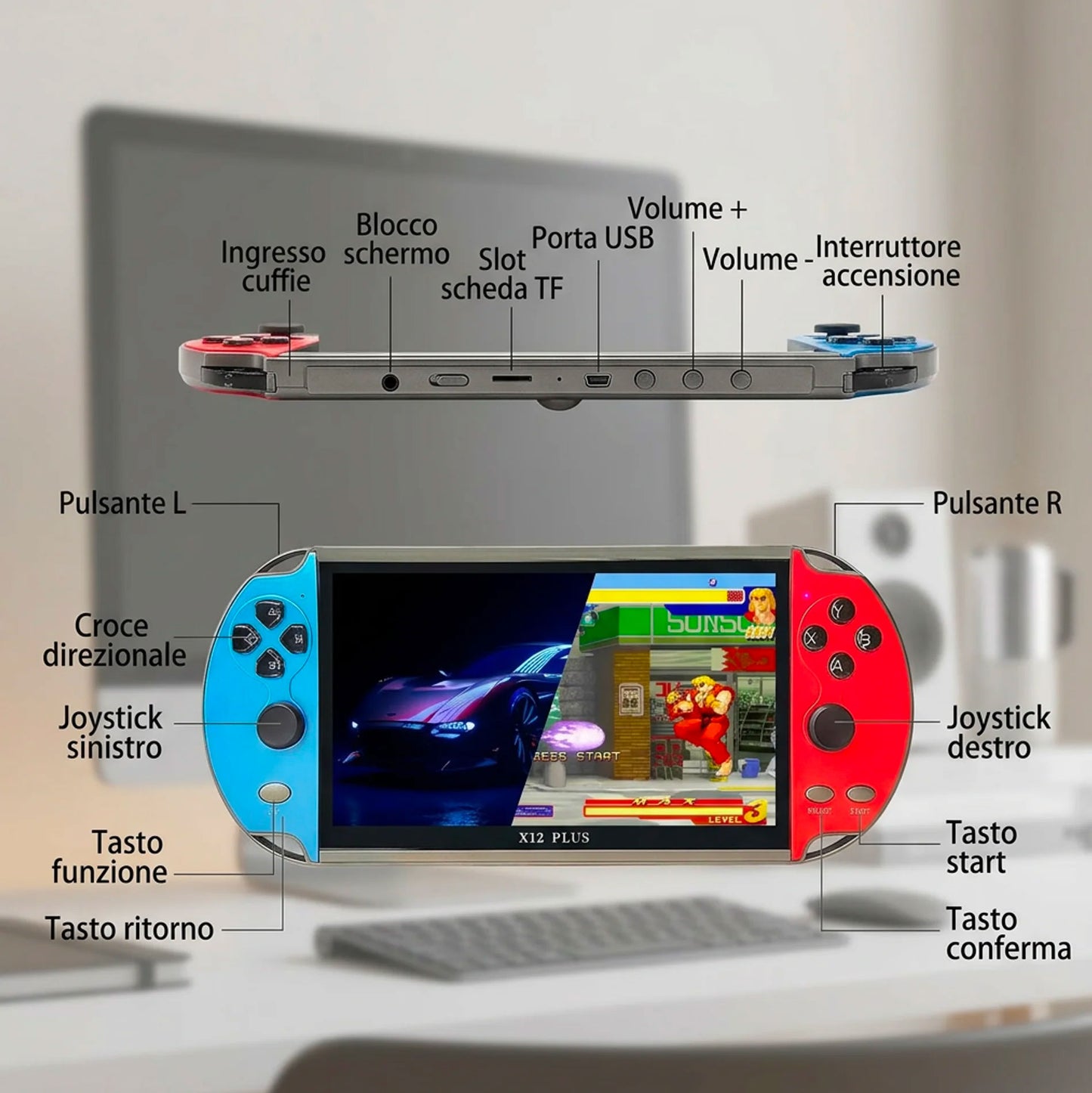 Console Portatile X12 Plus Gaming Retro con Schermo HD, Giochi Integrati, TV Out, Joystick 360°, Console Videogiochi Portatile per Bambini e Adulti