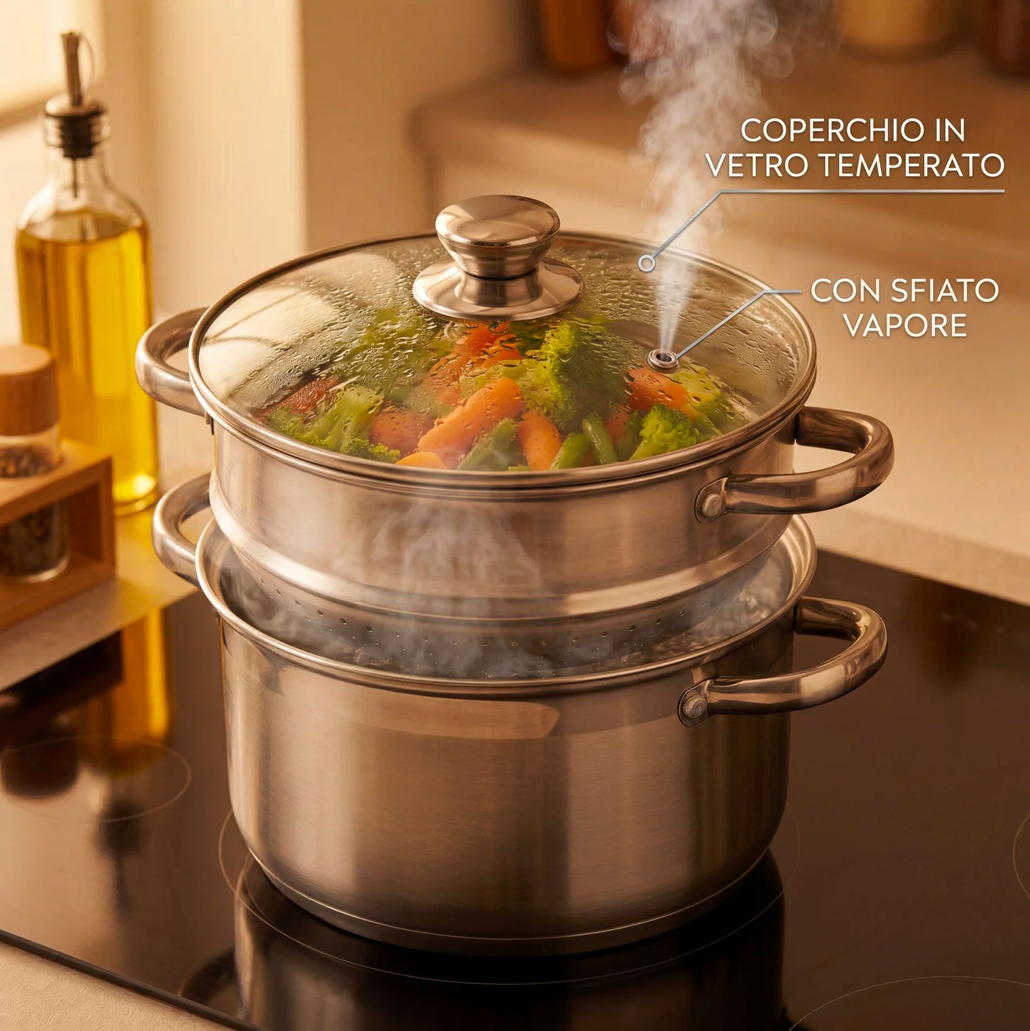 Pentola con Scolapasta Integrato e Coperchio 22 cm 6L Acciaio Inox 18/10 | Adatta Induzione | Pentola per Verdure Pasta e Cottura a Vapore