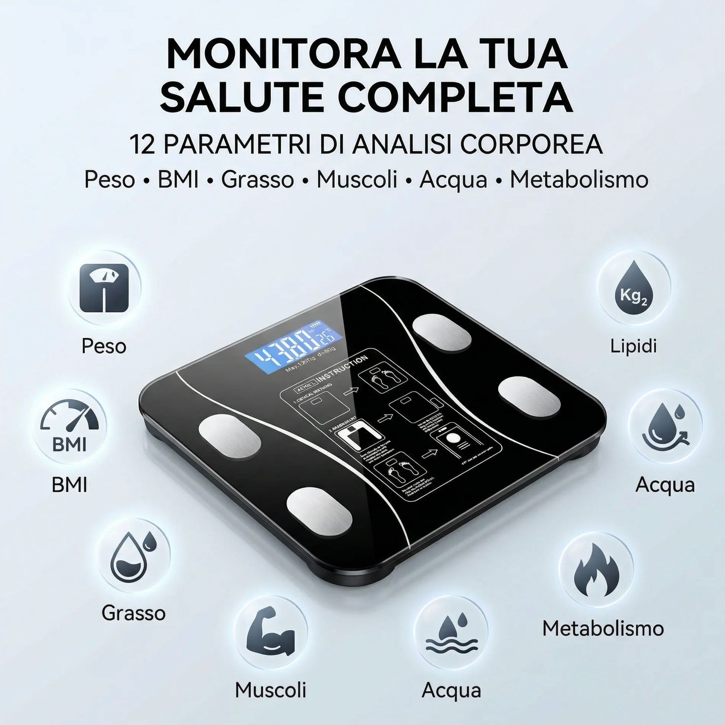 Bilancia Pesapersone Smart Bluetooth Digitale 180kg Analisi Corporea 12 Parametri BMI Grasso Muscoli App iOS Android Vetro Temperato