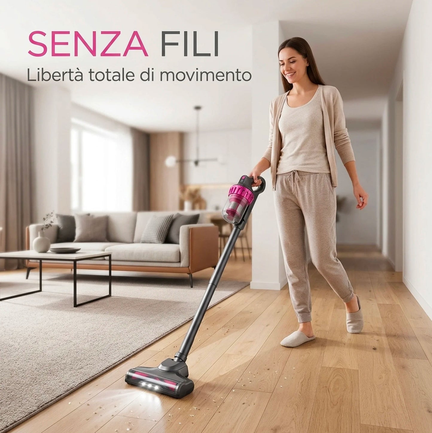 Aspirapolvere Senza Fili 4 in 1 100W con Luce UV-C – Aspirazione 10000Pa, 3 Velocità, Filtro HEPA, Autonomia 45 Minuti