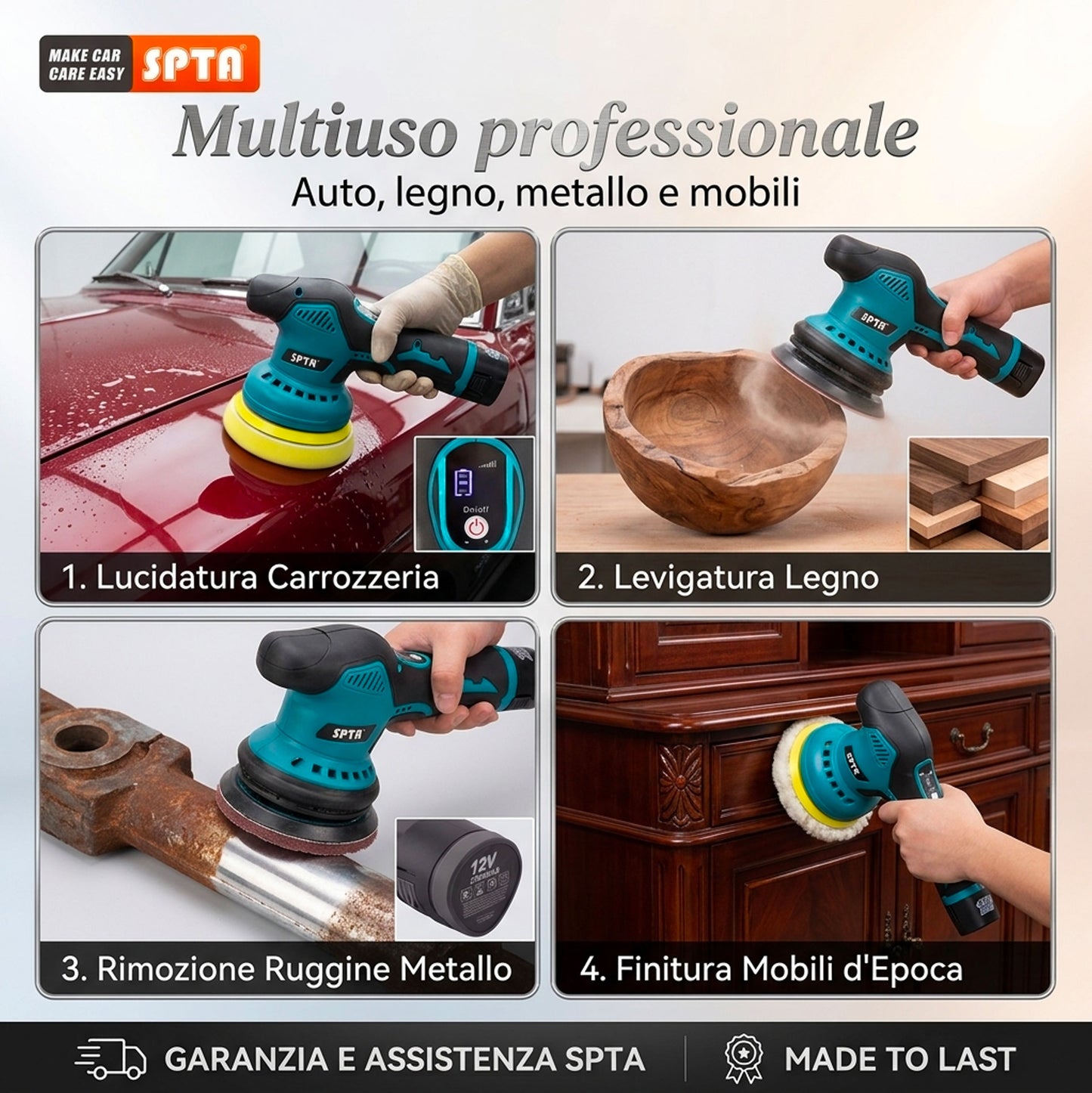Lucidatrice Auto Senza Filo con 2 Batterie 8 Velocità | Levigatrice Rotorbitale 125mm Professionale per Carrozzeria Legno Metallo