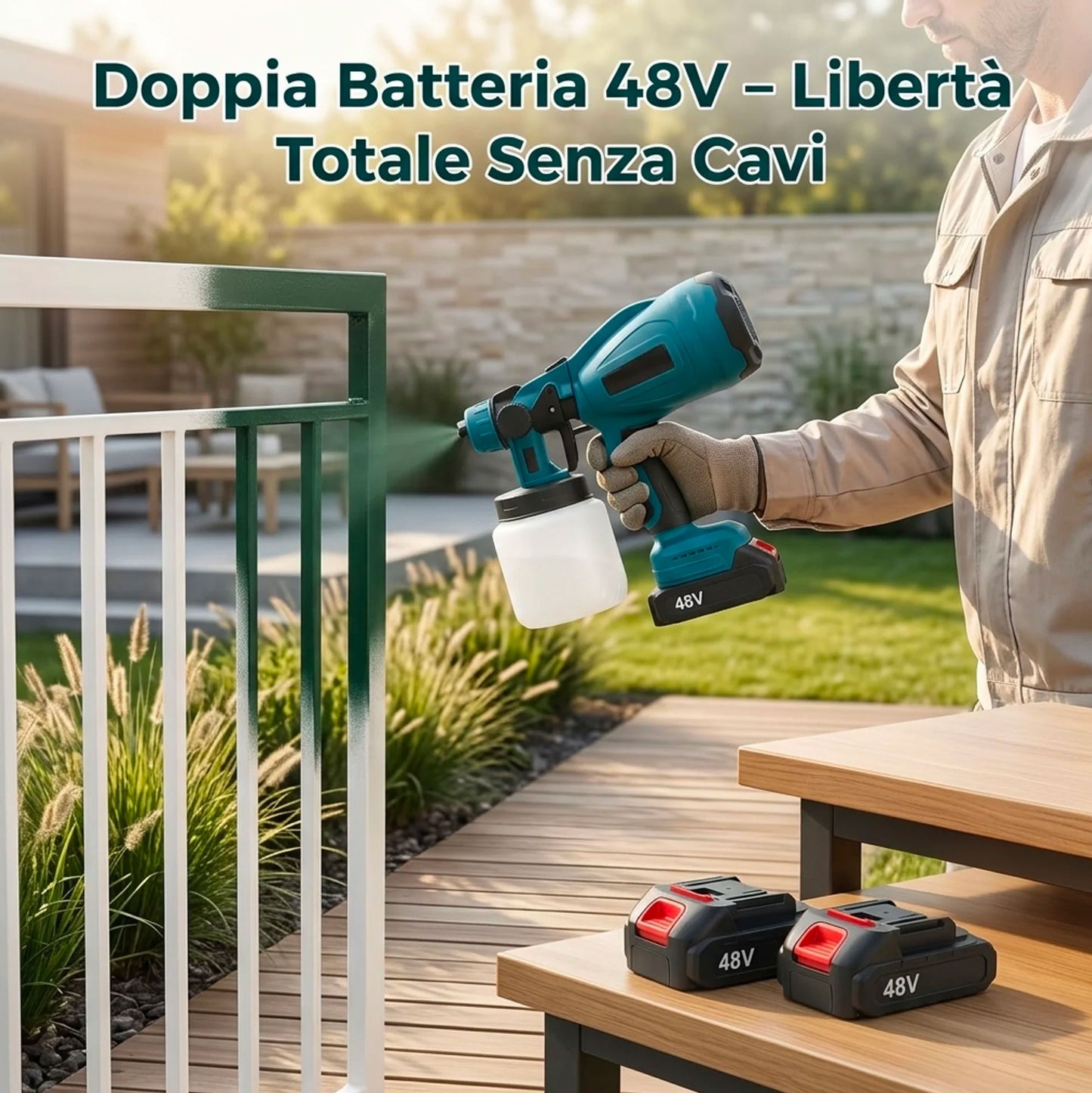 Verniciatrice Elettrica Wireless 48V 550W Professionale con Doppia Batteria – Pistola a Spruzzo per Vernice, Smalti e Protettivi con Serbatoio 800ml e Ugelli Intercambiabili