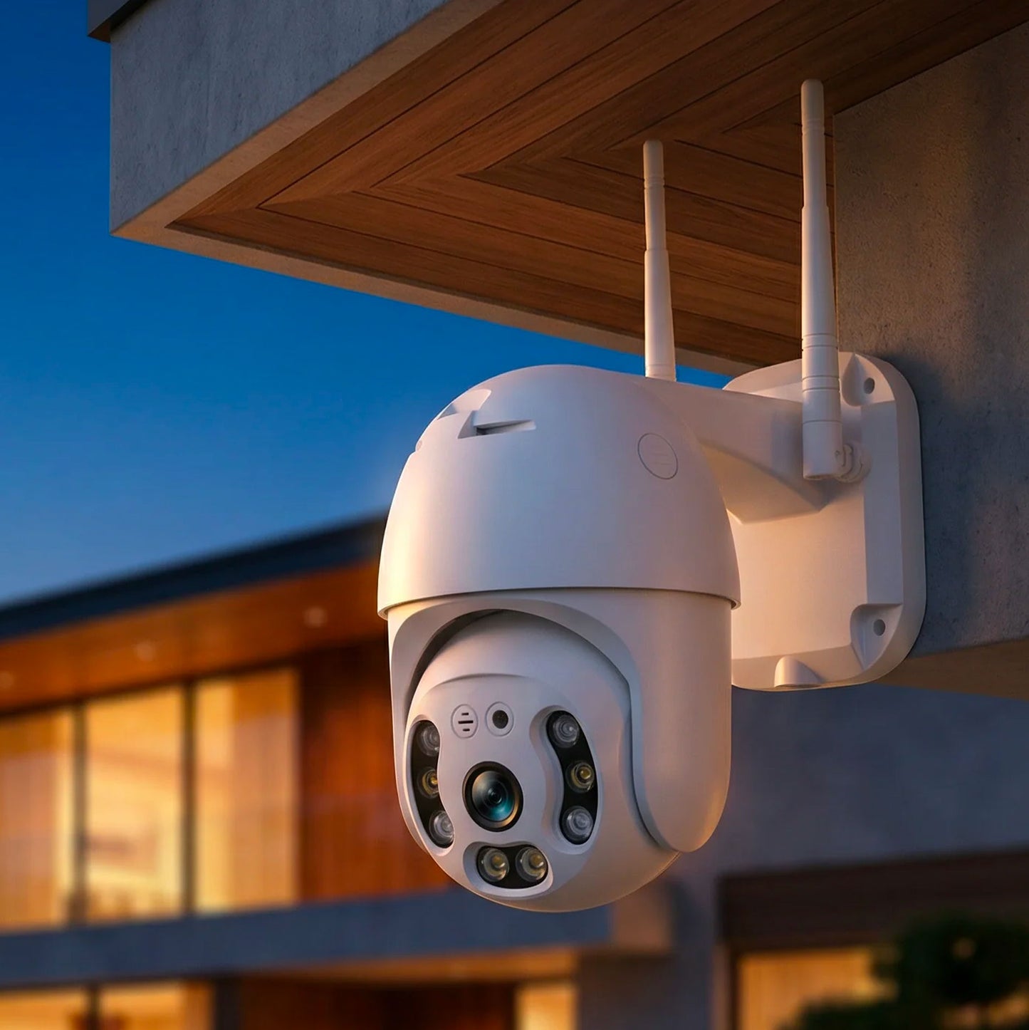 Telecamera wifi esterno 360° con visione notturna a colori, Videocamera ptz da esterno con rilevamento del movimento, audio bidirezionale ed app icsee