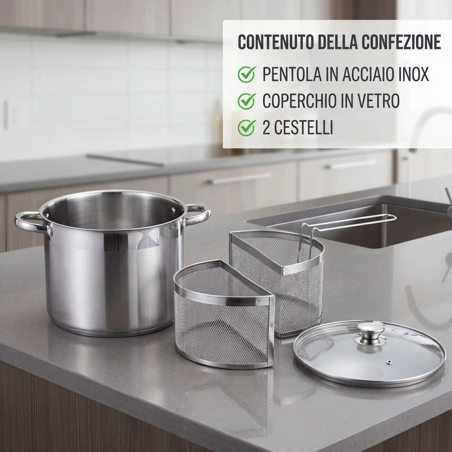 Pentola Doppio Cestello con Coperchio 6L Acciaio Inox 18/10 | Spaghettiera con 2 Cestelli | Pentola Pasta Induzione Fondo Triplo