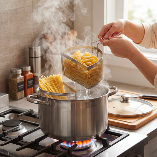Pentola Doppio Cestello con Coperchio 6L Acciaio Inox 18/10 | Spaghettiera con 2 Cestelli | Pentola Pasta Induzione Fondo Triplo