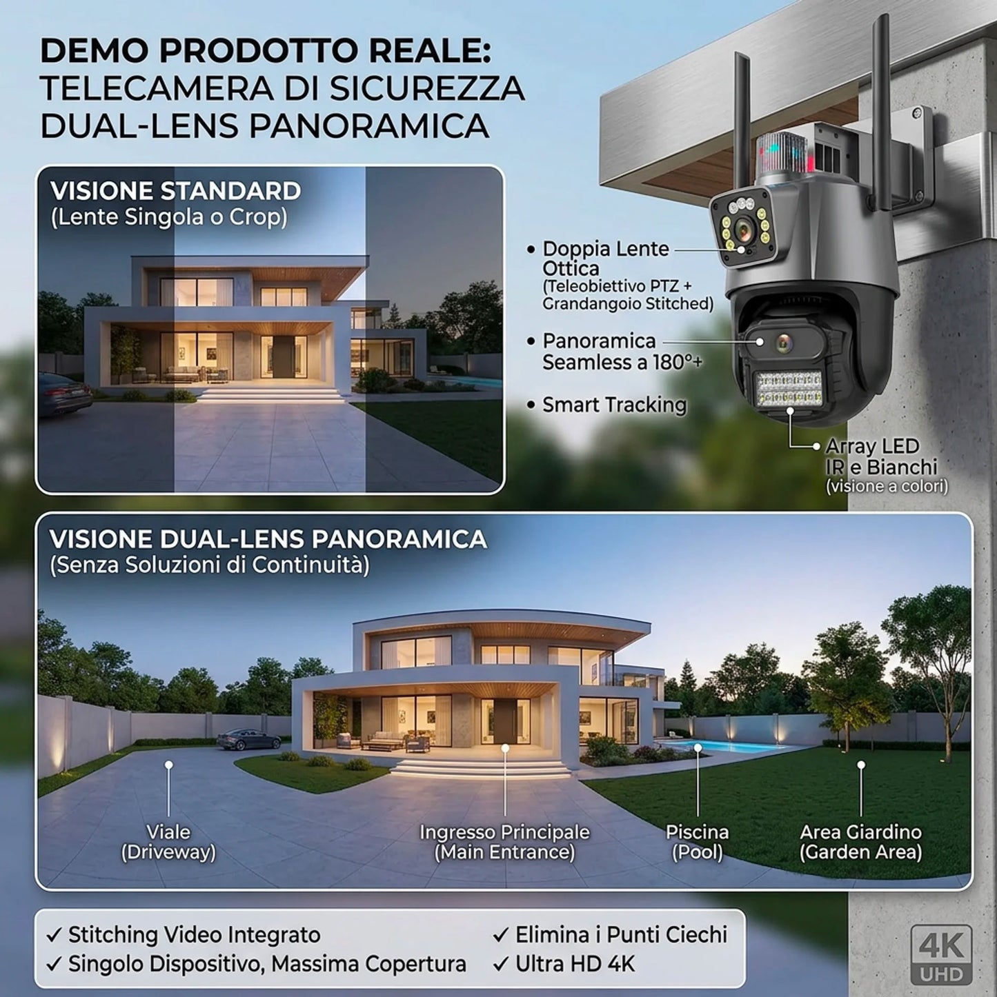 Telecamera WiFi Esterno IP66 Dual Lens 360° AI Visione Notturna Colori