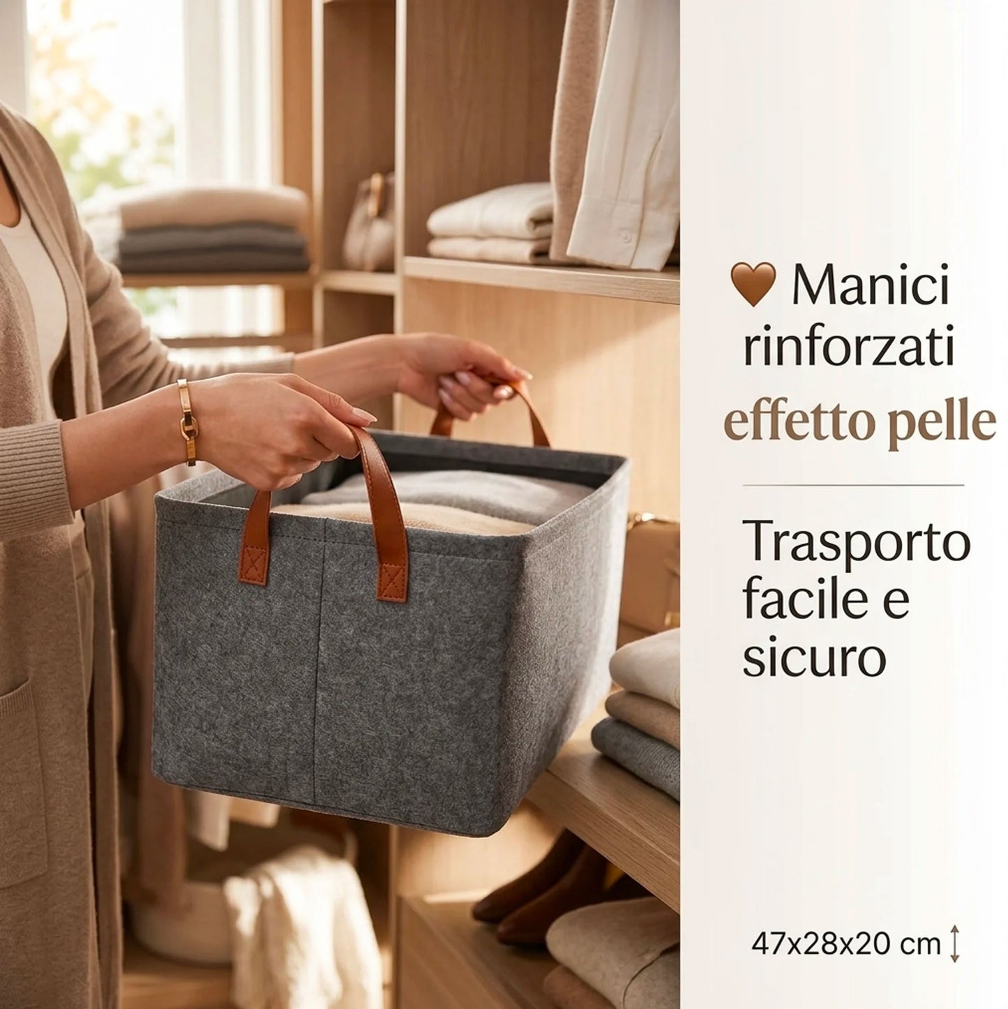 Kit 2 Organizer Armadio Pieghevoli in Tessuto con Manici Effetto Pelle Contenitori Salvaspazio Vestiti 47x28x20 cm Box Guardaroba Camera Cabina Armadio