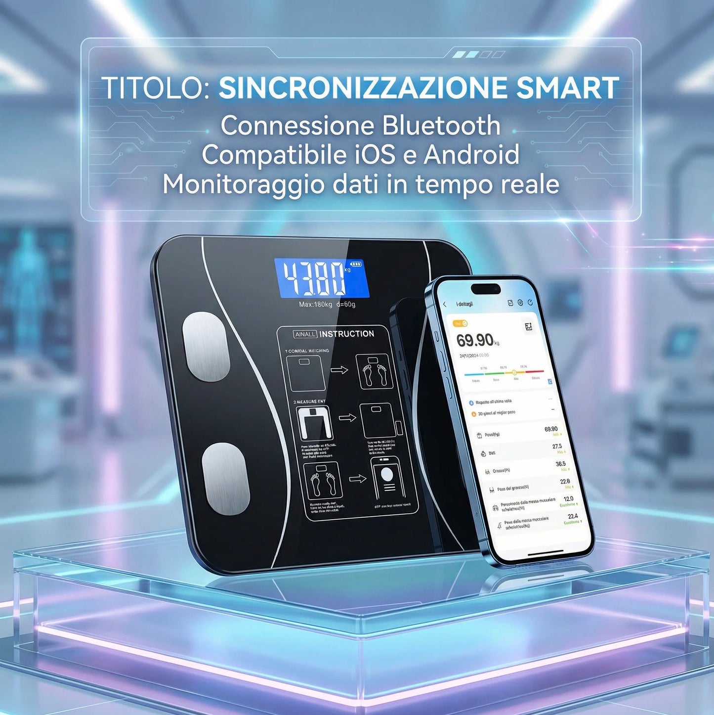 Bilancia Pesapersone Smart Bluetooth Digitale 180kg Analisi Corporea 12 Parametri BMI Grasso Muscoli App iOS Android Vetro Temperato