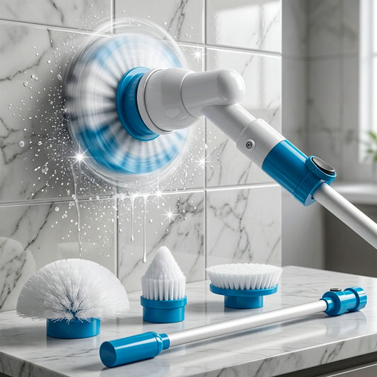 Spazzola Rotante Elettrica per Pulizia Casa | Spazzola Elettrica Multifunzione con Accessori e Manico Allungabile per Bagno, Pavimenti, Fughe e Cucina