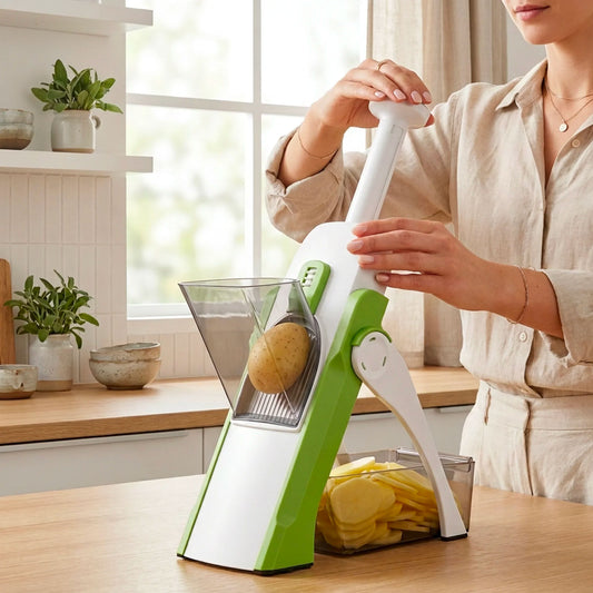 Mandolina da Cucina Multifunzione 12 in 1 con Contenitore – Affettatrice Manuale Verdure Frutta Professionale con Lame in Acciaio Regolabili per Julienne, Chips, Insalate e Patatine