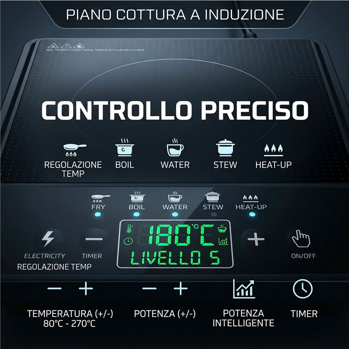 Piastra a Induzione Portatile 2500W con Display Digitale, Controllo Temperatura 80–270°C, 5 Programmi di Cottura e Timer Integrato
