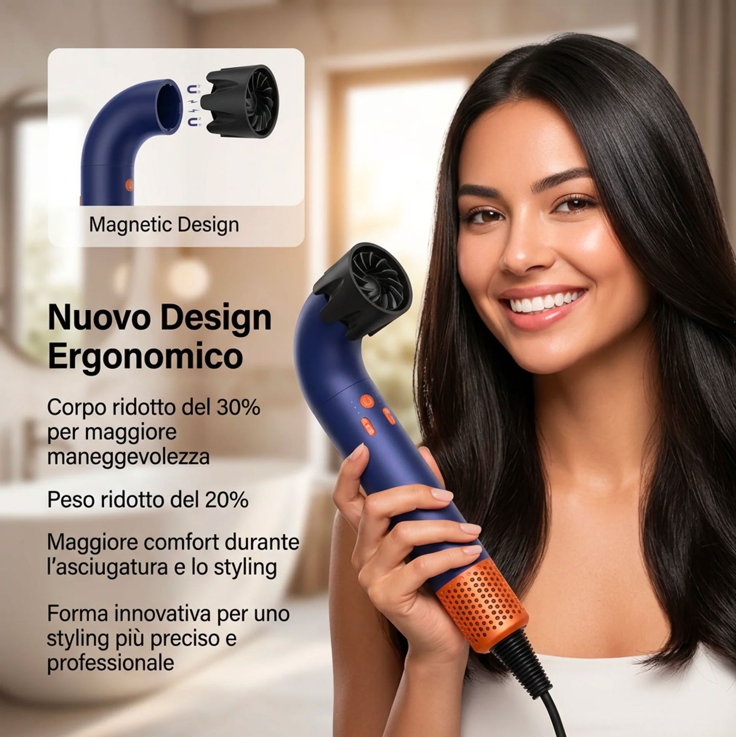 Asciugacapelli Ionico Professionale Senza Pale Alta Potenza Silenzioso con Tecnologia Vortex Air 3 Velocità 4 Temperature Bocchetta Magnetica Styling Rapido Anti Crespo