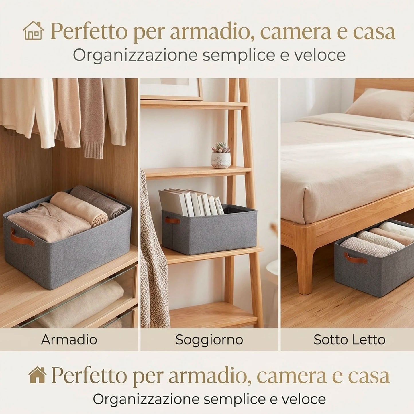 Kit 2 Organizer Armadio Pieghevoli in Tessuto con Manici Effetto Pelle Contenitori Salvaspazio Vestiti 47x28x20 cm Box Guardaroba Camera Cabina Armadio