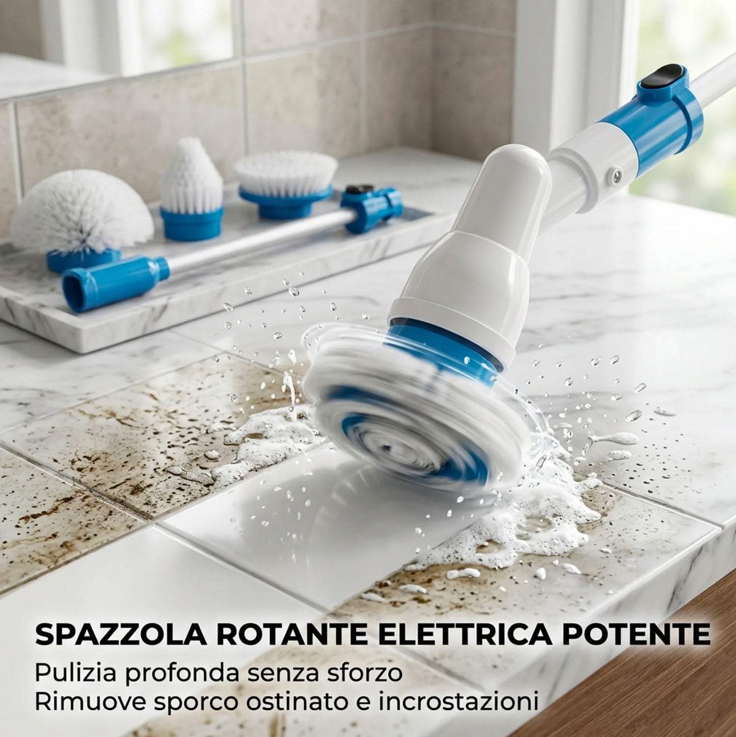 Spazzola Rotante Elettrica per Pulizia Casa | Spazzola Elettrica Multifunzione con Accessori e Manico Allungabile per Bagno, Pavimenti, Fughe e Cucina