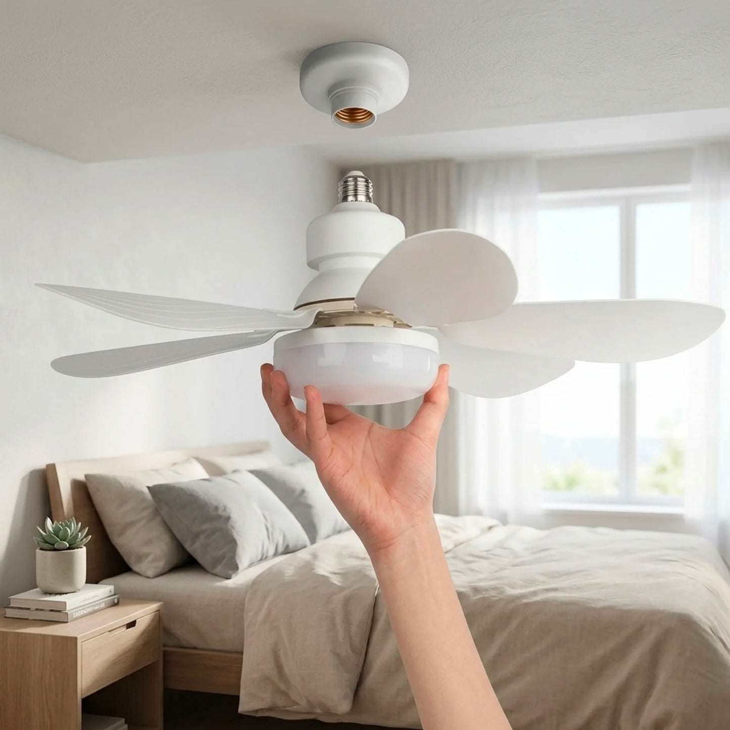 Ventilatore da Soffitto con Luce LED E27 e Telecomando, Ventilatore Lampadario 52 cm con 3 Velocità e 3 Colori di Luce, Ventilatore Silenzioso con Attacco E27 Universale per Camera da Letto, Cucina e Ufficio