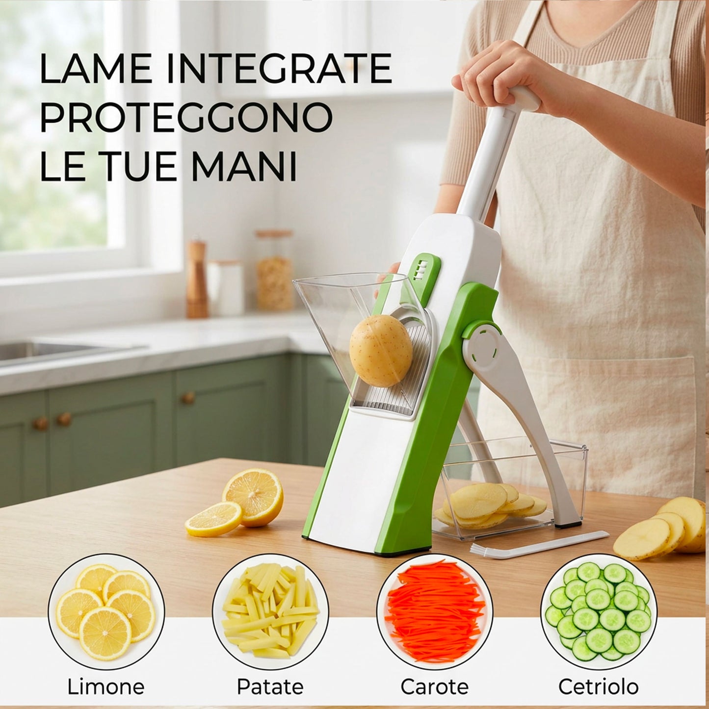 Mandolina da Cucina Multifunzione 12 in 1 con Contenitore – Affettatrice Manuale Verdure Frutta Professionale con Lame in Acciaio Regolabili per Julienne, Chips, Insalate e Patatine