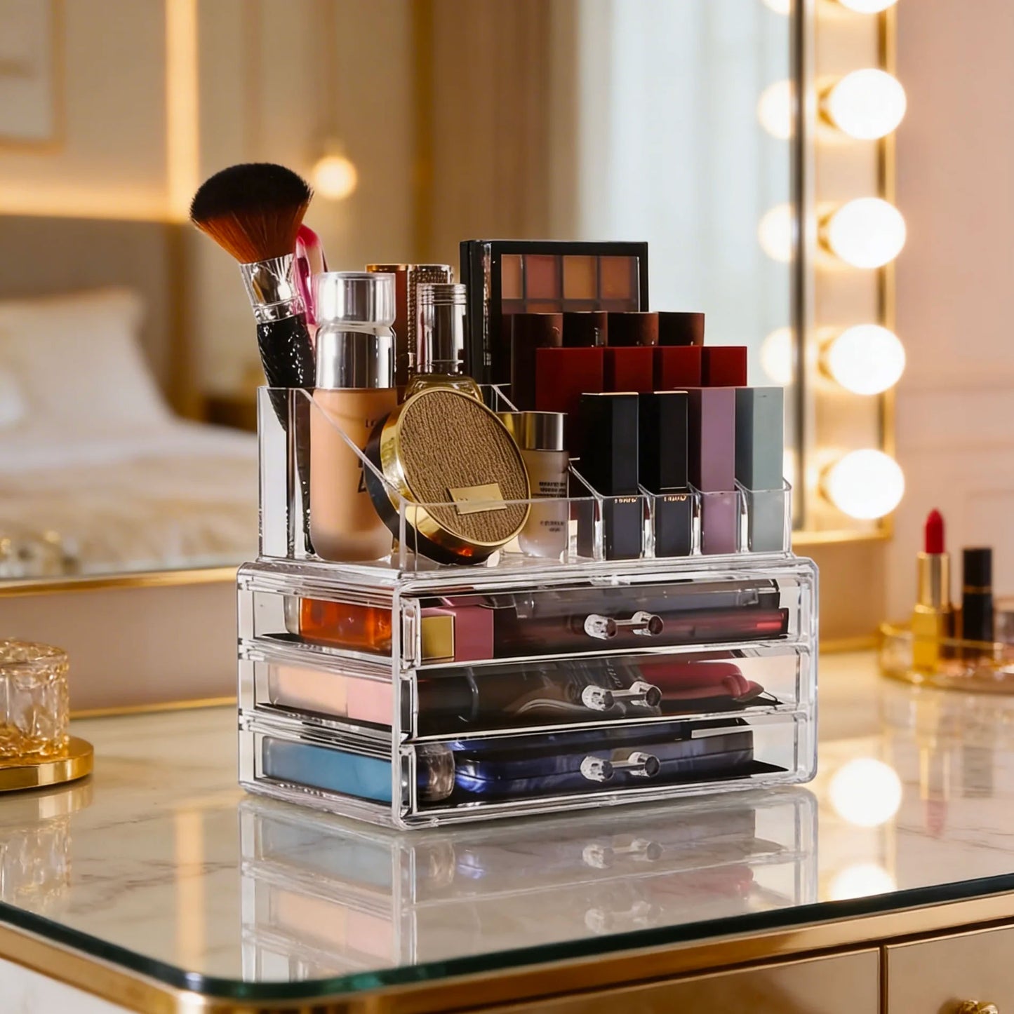 081 Store Organizer per trucchi, organizer per cosmetici, organizer per trucchi con 15 scomparti e 3 cassetti in acrilico per toeletta