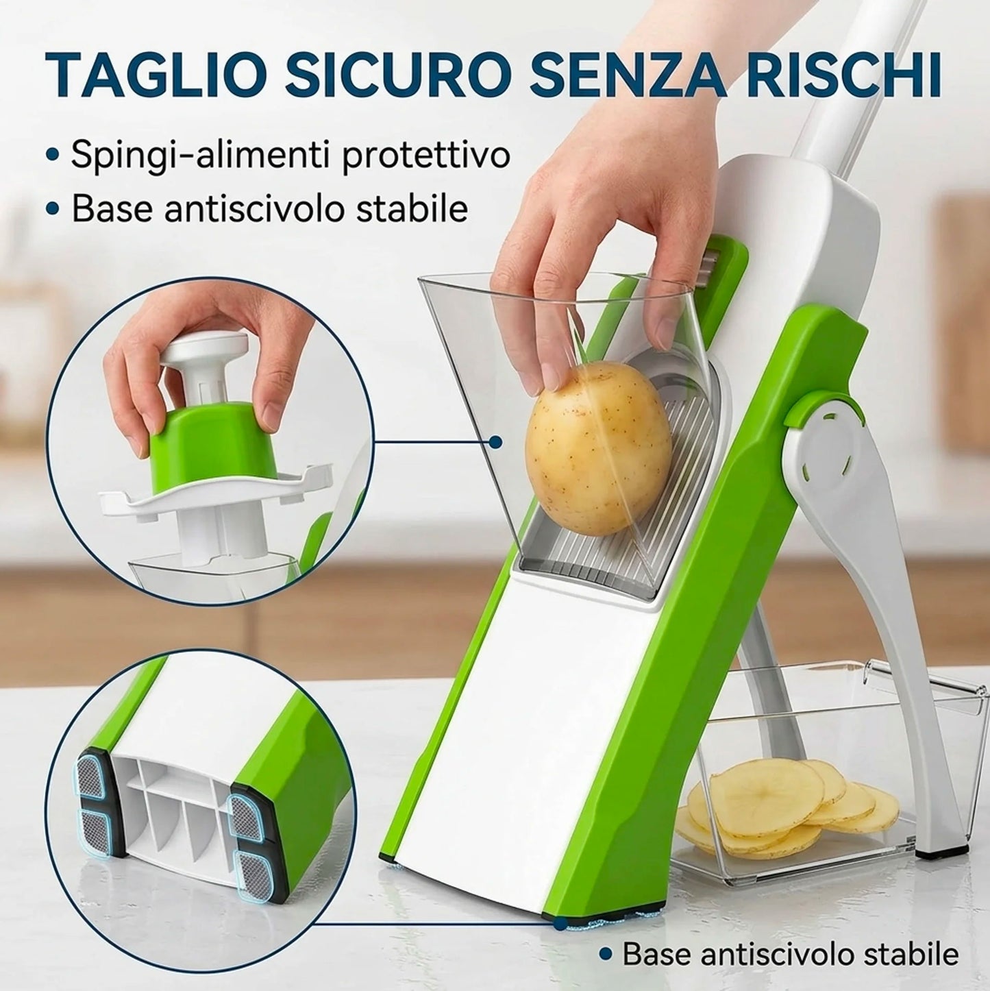 Mandolina da Cucina Multifunzione 12 in 1 con Contenitore – Affettatrice Manuale Verdure Frutta Professionale con Lame in Acciaio Regolabili per Julienne, Chips, Insalate e Patatine