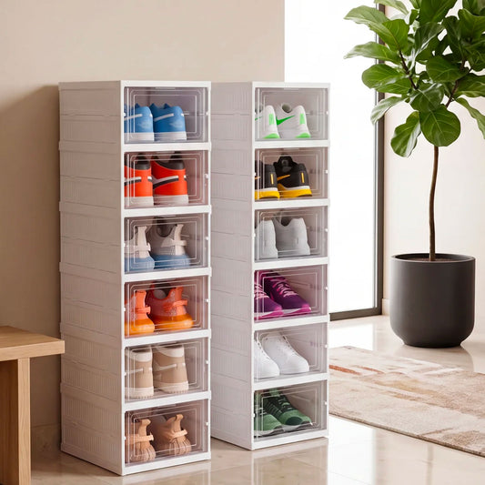Scarpiera Salvaspazio Pieghevole set da 2,  12 Ripiani Totali, Organizzatore Compatto con 6 Scatole Porta Scarpe