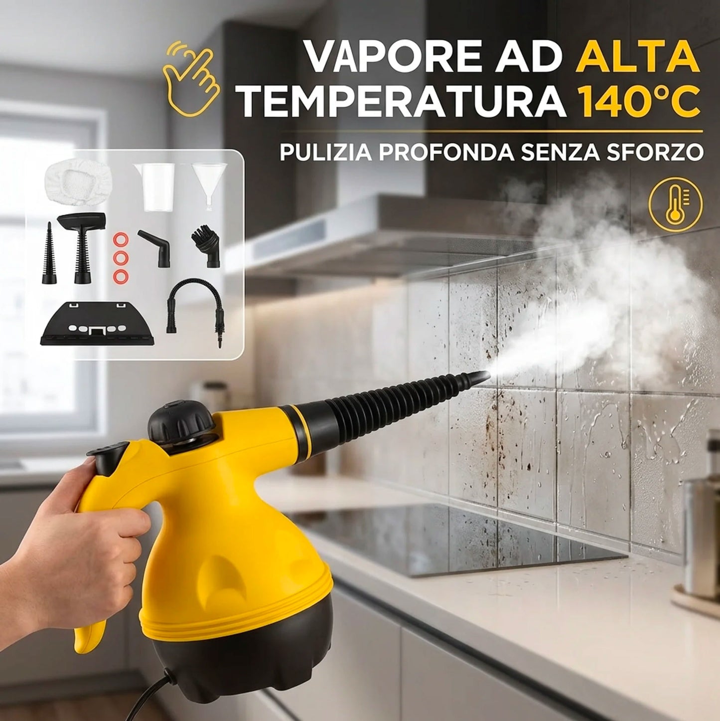 Pulitore a Vapore Portatile 1000W Alta Pressione con Accessori – Pulitore a Vapore Multifunzione per Casa, Cucina, Bagno, Divani, Vetri e Auto