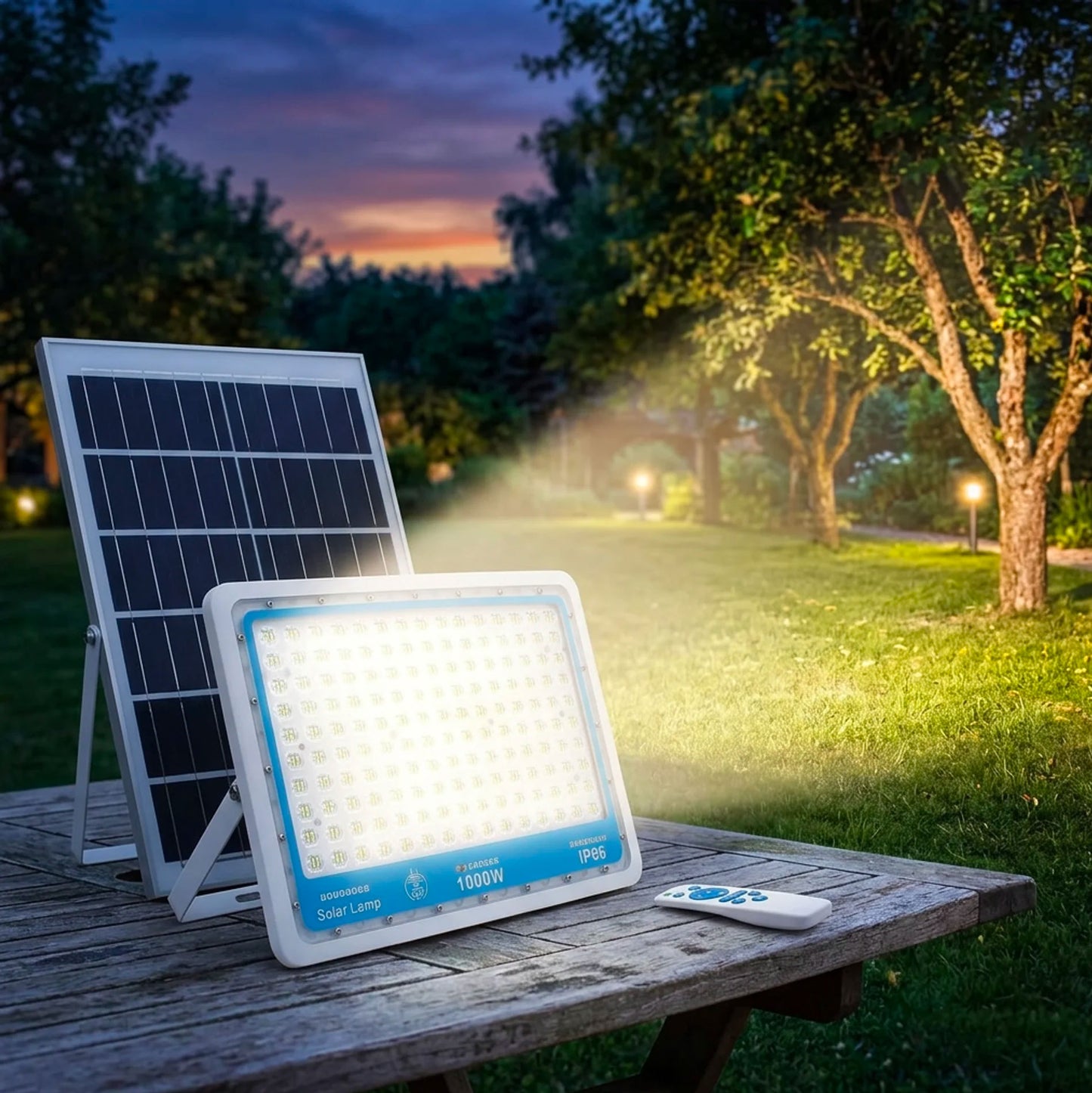 Kit 3 Faretti LED Solari 1000W 6000K IP66 con Telecomando – Proiettori Esterni a Energia Solare Impermeabili Luce Bianca Fredda per Giardino, Cortile e Magazzino