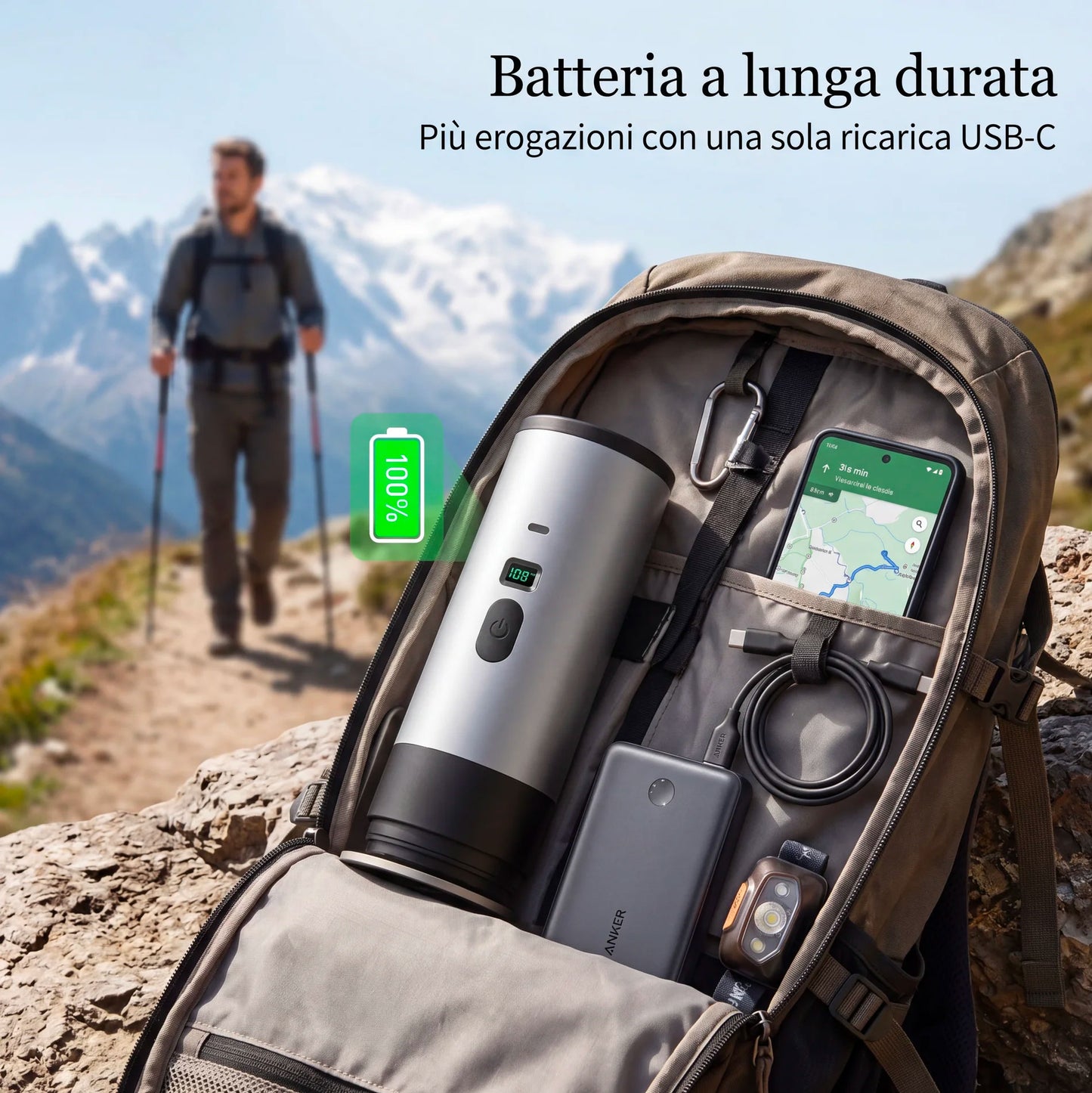Macchina da Caffè Portatile 2-in-1, Macchina per Caffè Espresso Portatile con Display LED e Serbatoio 90 ml, Compatibile con Caffè Macinato e Capsule