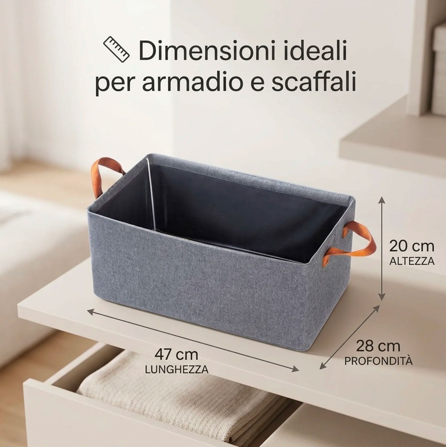 Kit 2 Organizer Armadio Pieghevoli in Tessuto con Manici Effetto Pelle Contenitori Salvaspazio Vestiti 47x28x20 cm Box Guardaroba Camera Cabina Armadio