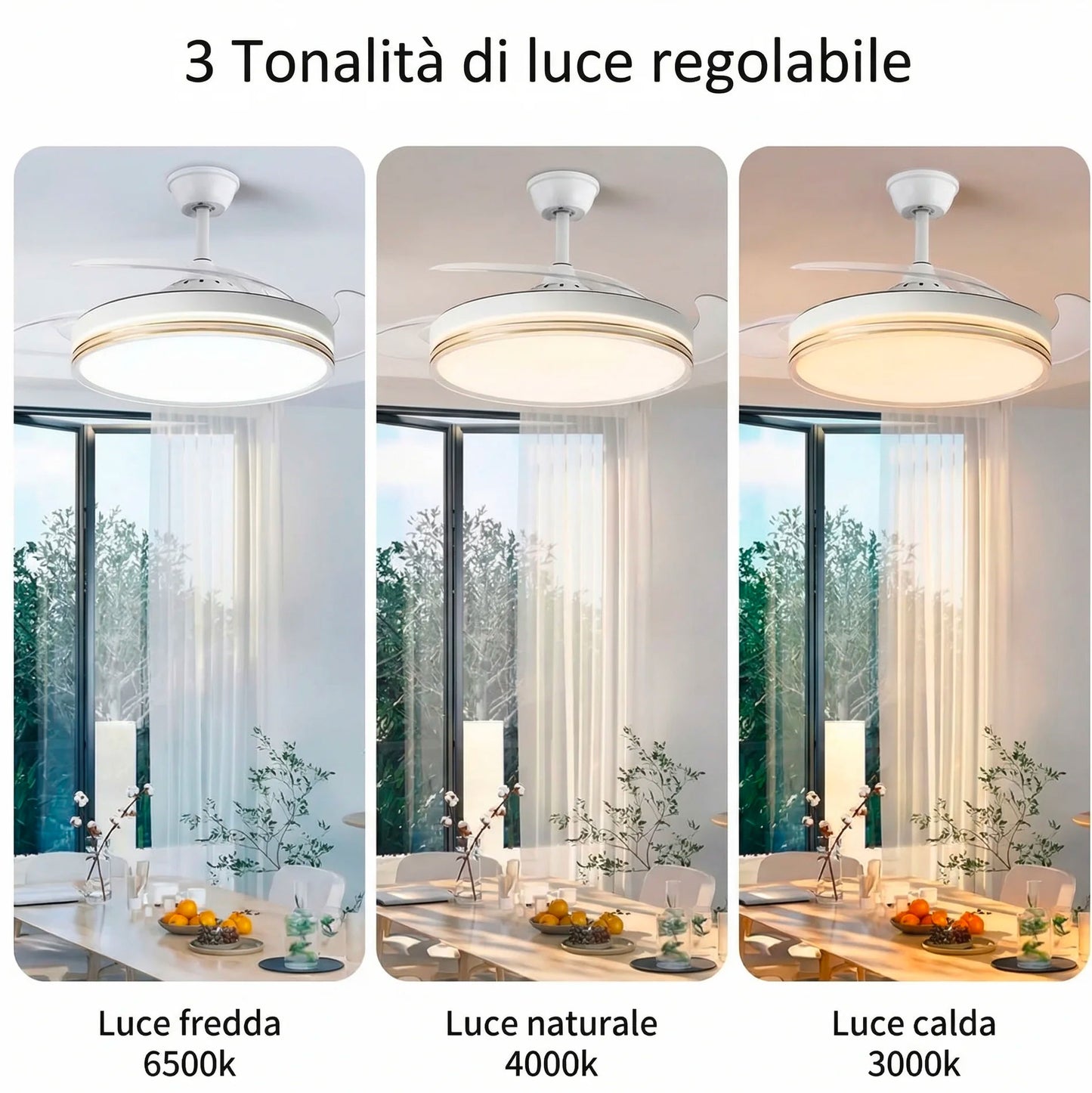 Ventilatore da Soffitto con Luce LED e Telecomando 48 Pollici 120 cm con Pale Retrattili Trasparenti Motore DC Silenzioso Reversibile 6 Velocità 3 Tonalità di Luce Timer Estate Inverno Set 2 Pezzi
