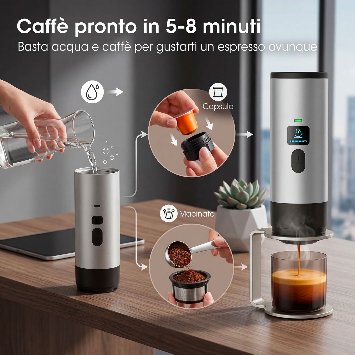 Macchina da Caffè Portatile 2-in-1, Macchina per Caffè Espresso Portatile con Display LED e Serbatoio 90 ml, Compatibile con Caffè Macinato e Capsule